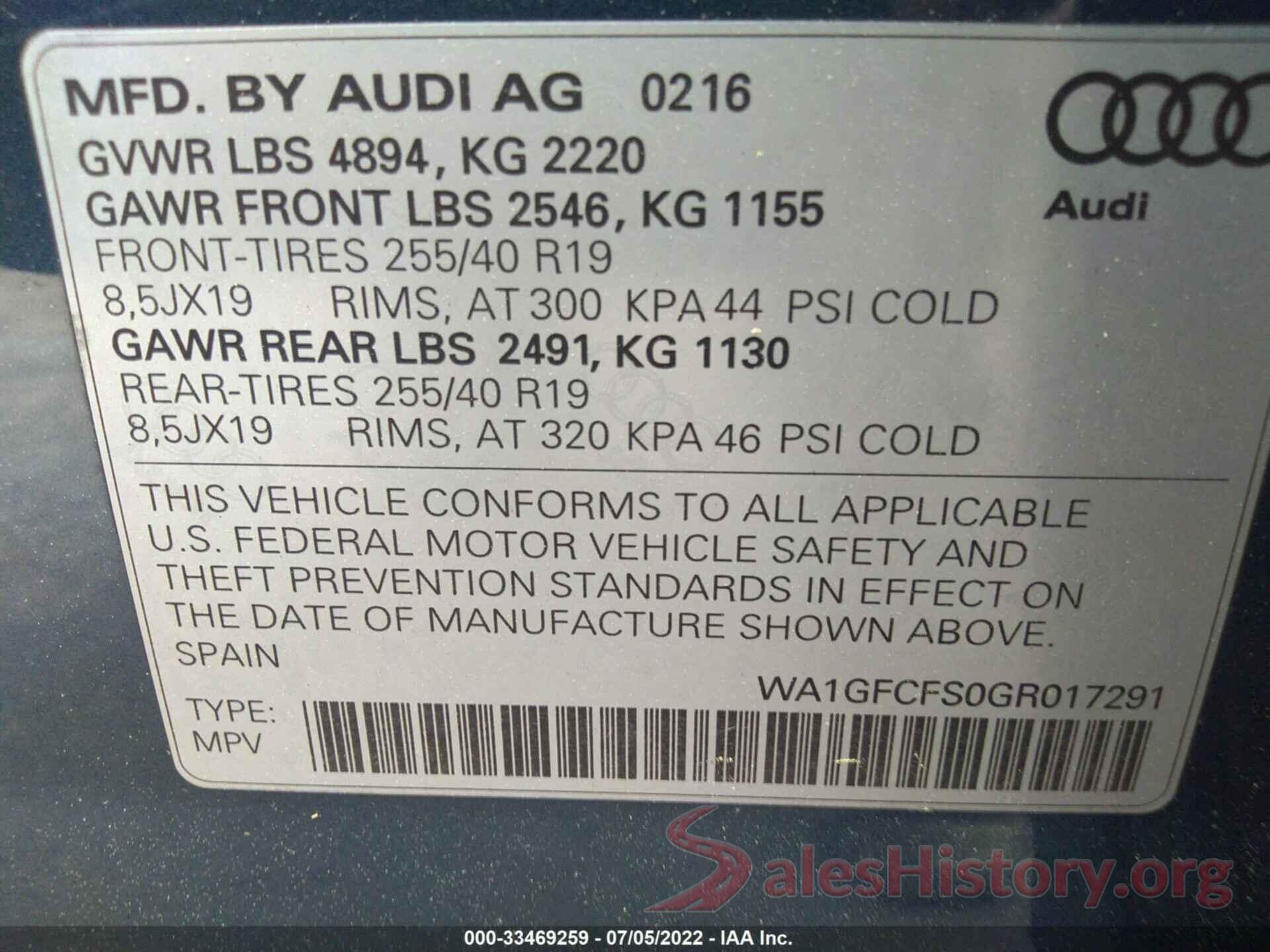 WA1GFCFS0GR017291 2016 AUDI Q3