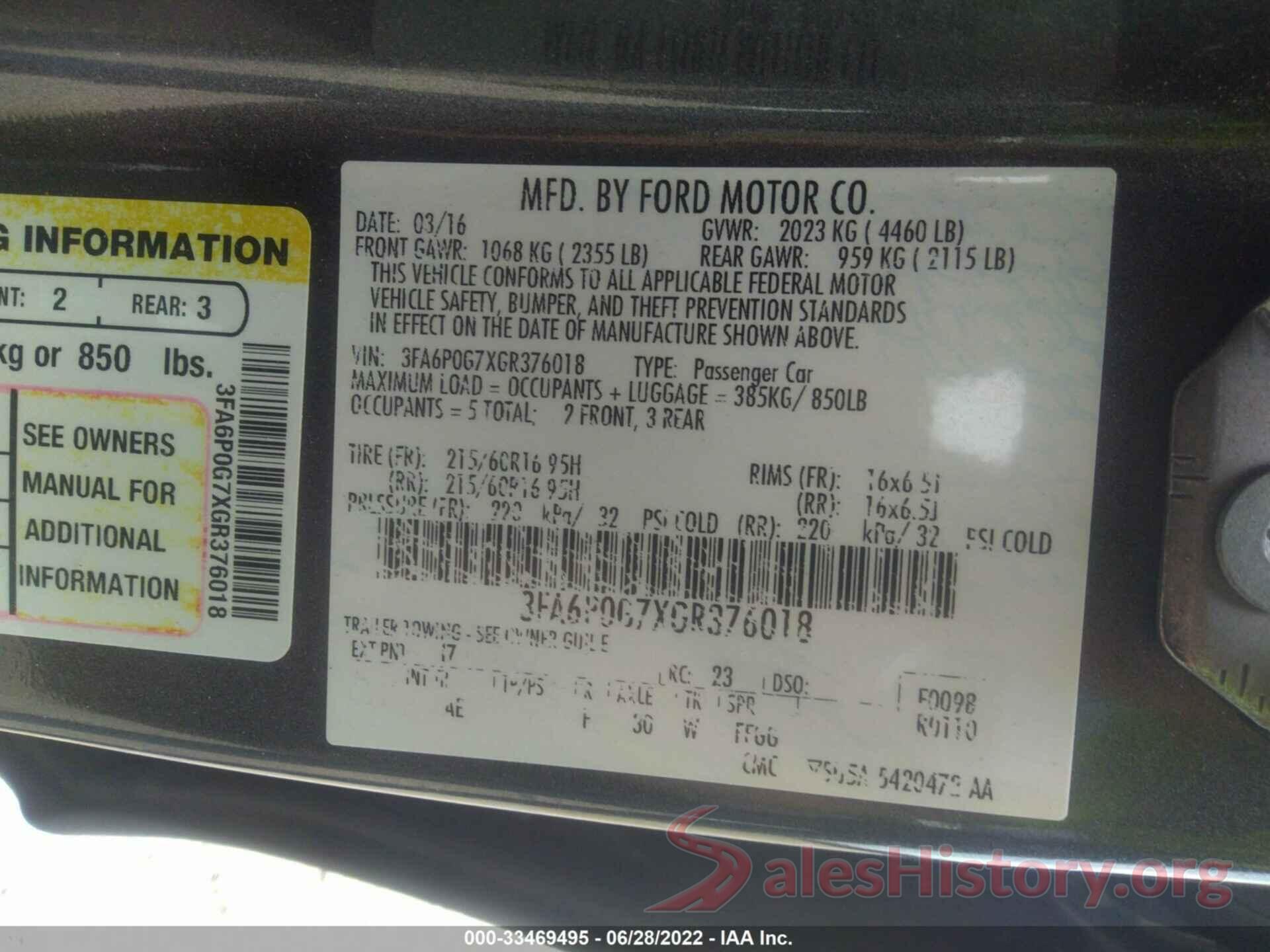 3FA6P0G7XGR376018 2016 FORD FUSION