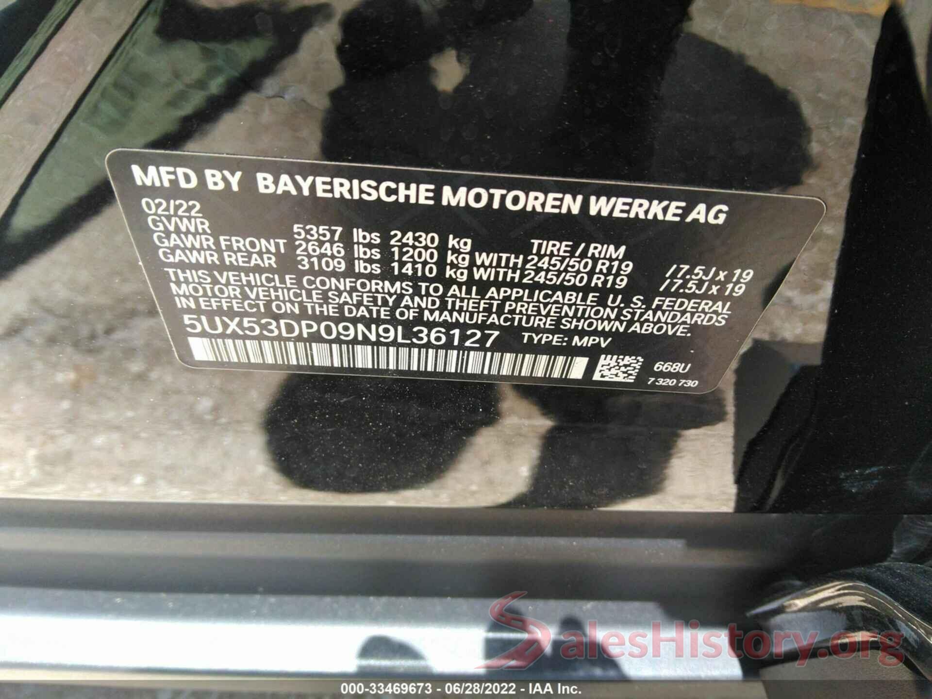 5UX53DP09N9L36127 2022 BMW X3