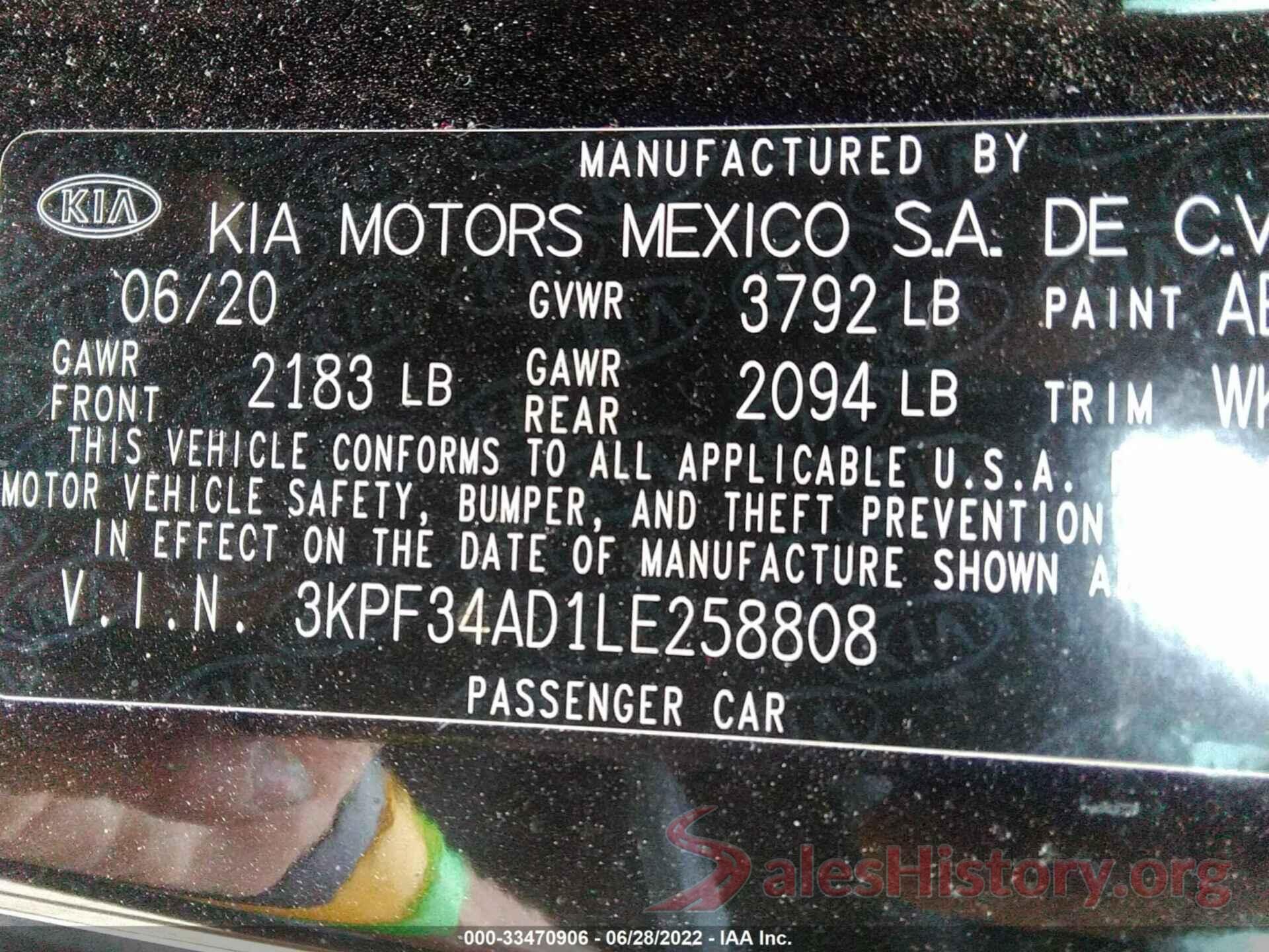 3KPF34AD1LE258808 2020 KIA FORTE