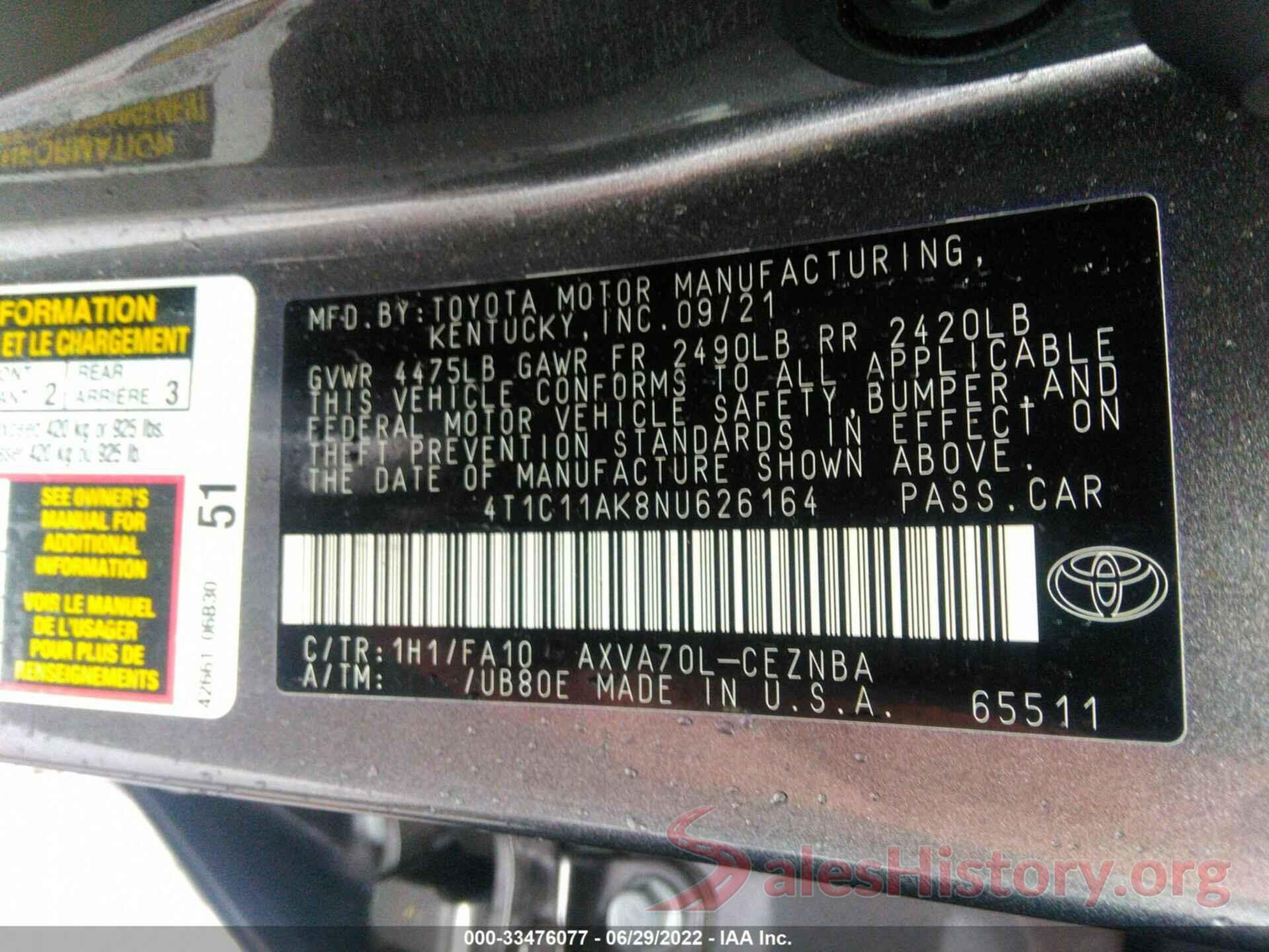 4T1C11AK8NU626164 2022 TOYOTA CAMRY