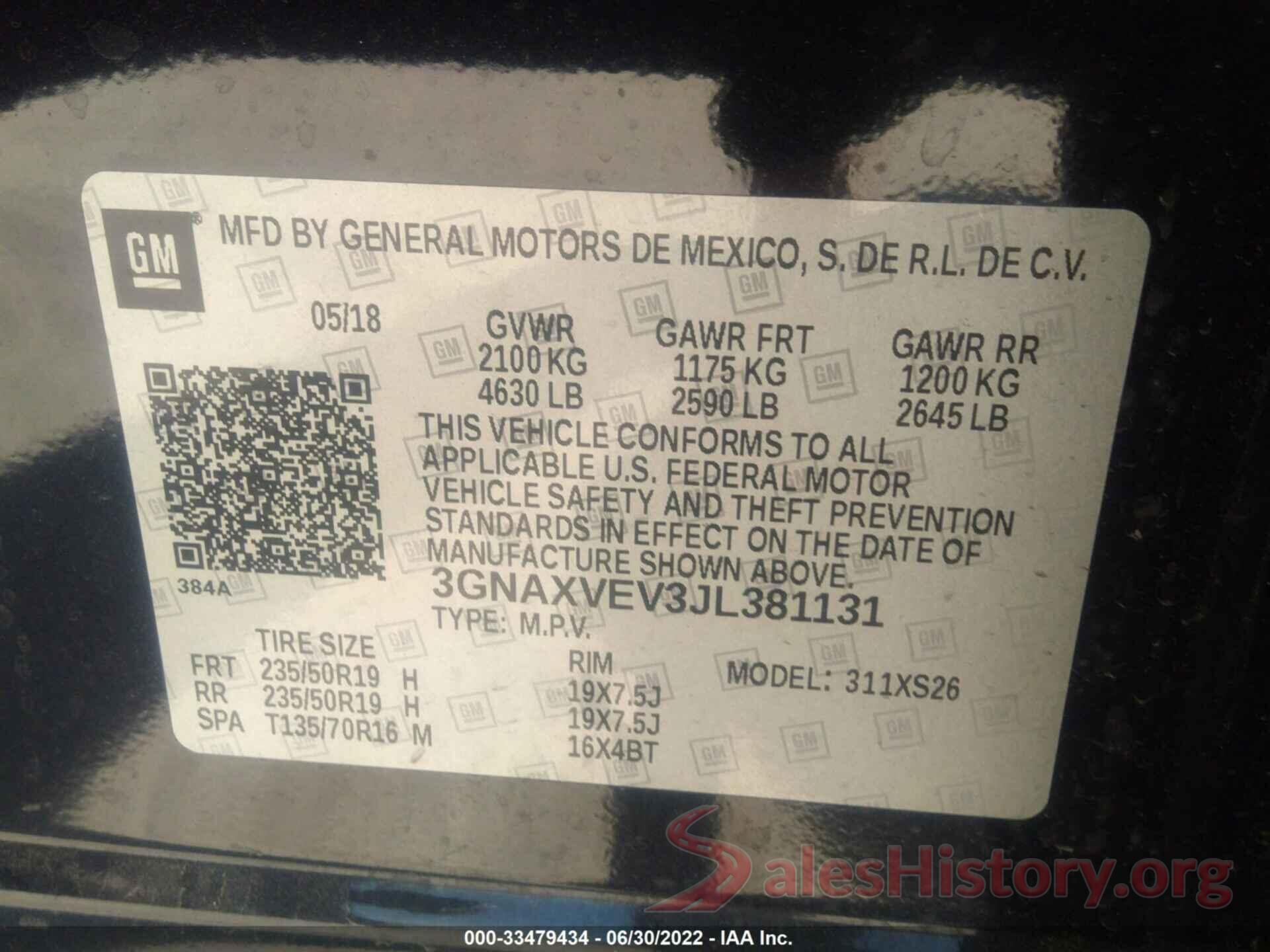 3GNAXVEV3JL381131 2018 CHEVROLET EQUINOX