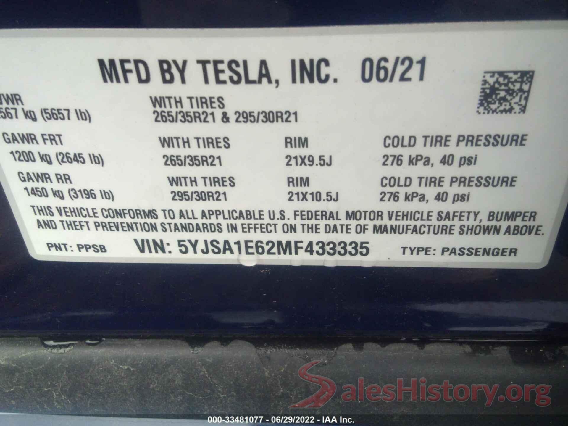 5YJSA1E62MF433335 2021 TESLA MODEL S