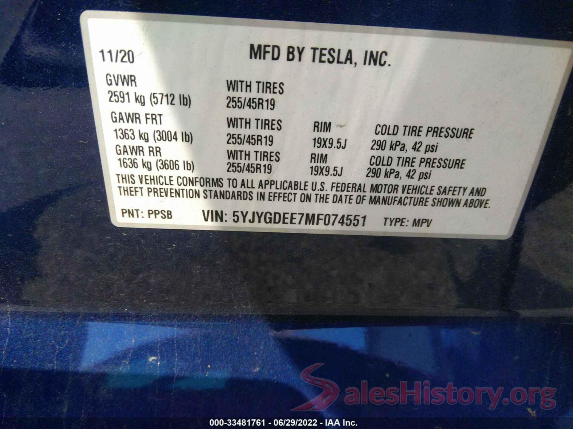 5YJYGDEE7MF074551 2021 TESLA MODEL Y