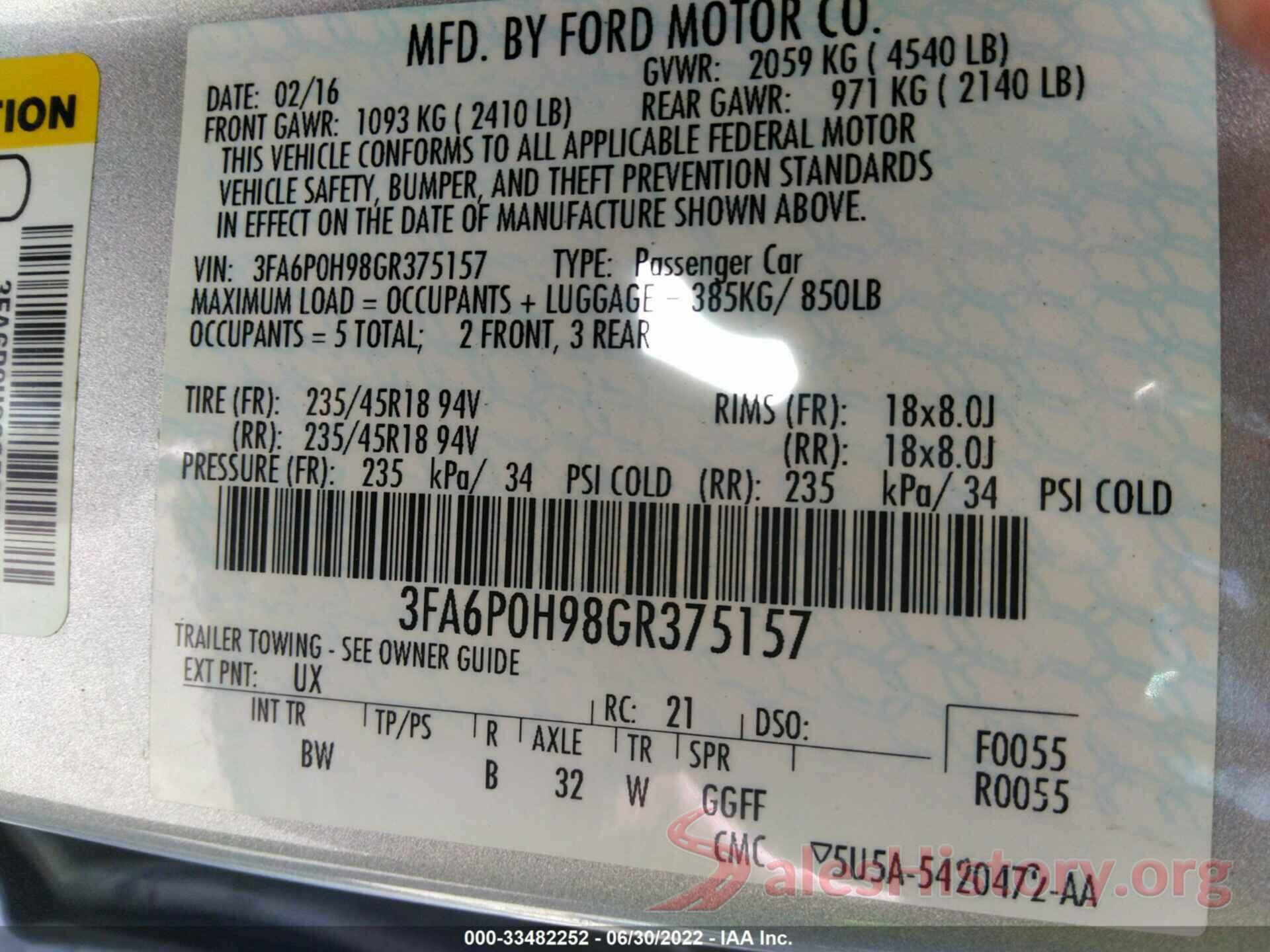 3FA6P0H98GR375157 2016 FORD FUSION