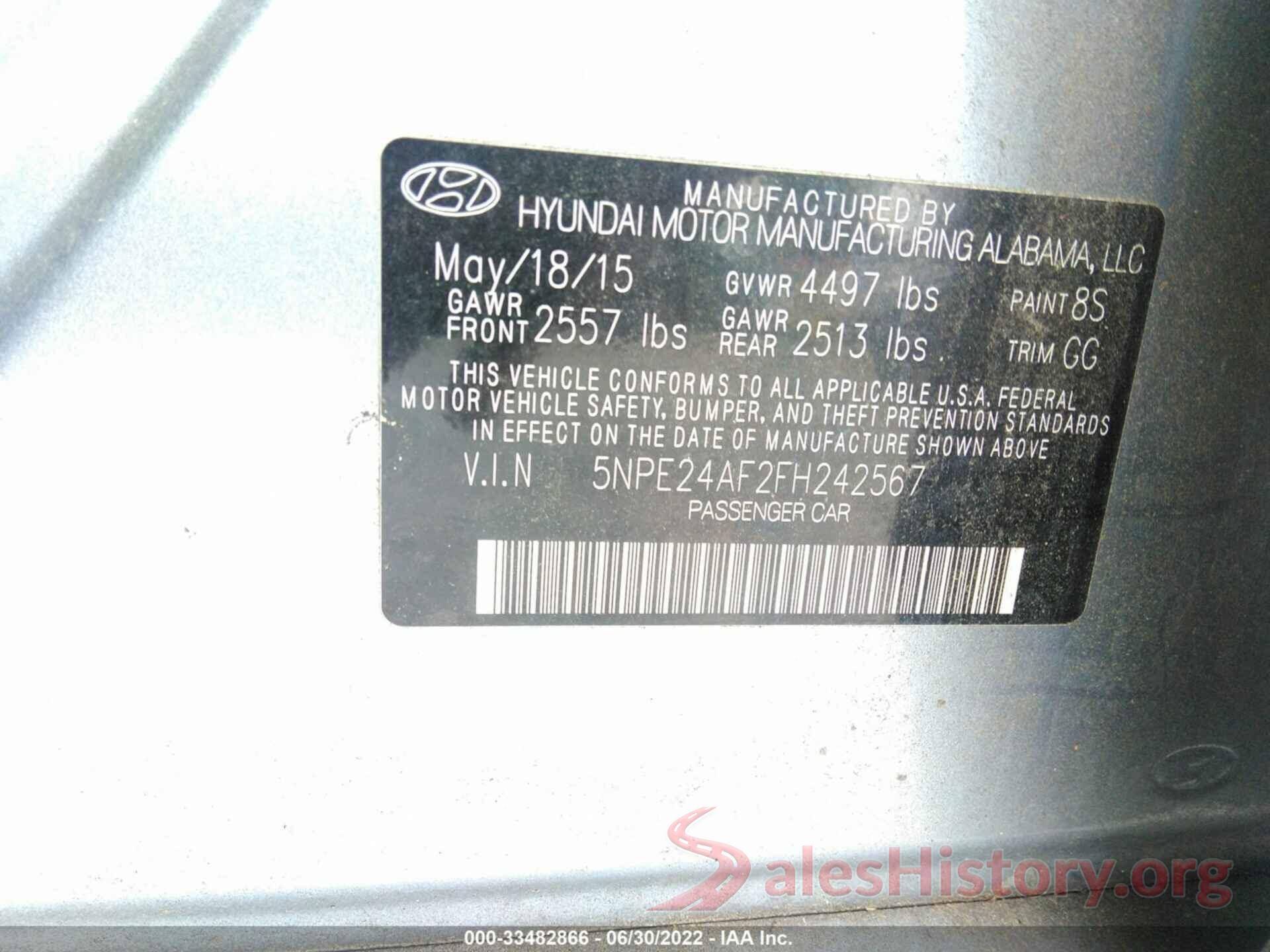 5NPE24AF2FH242567 2015 HYUNDAI SONATA