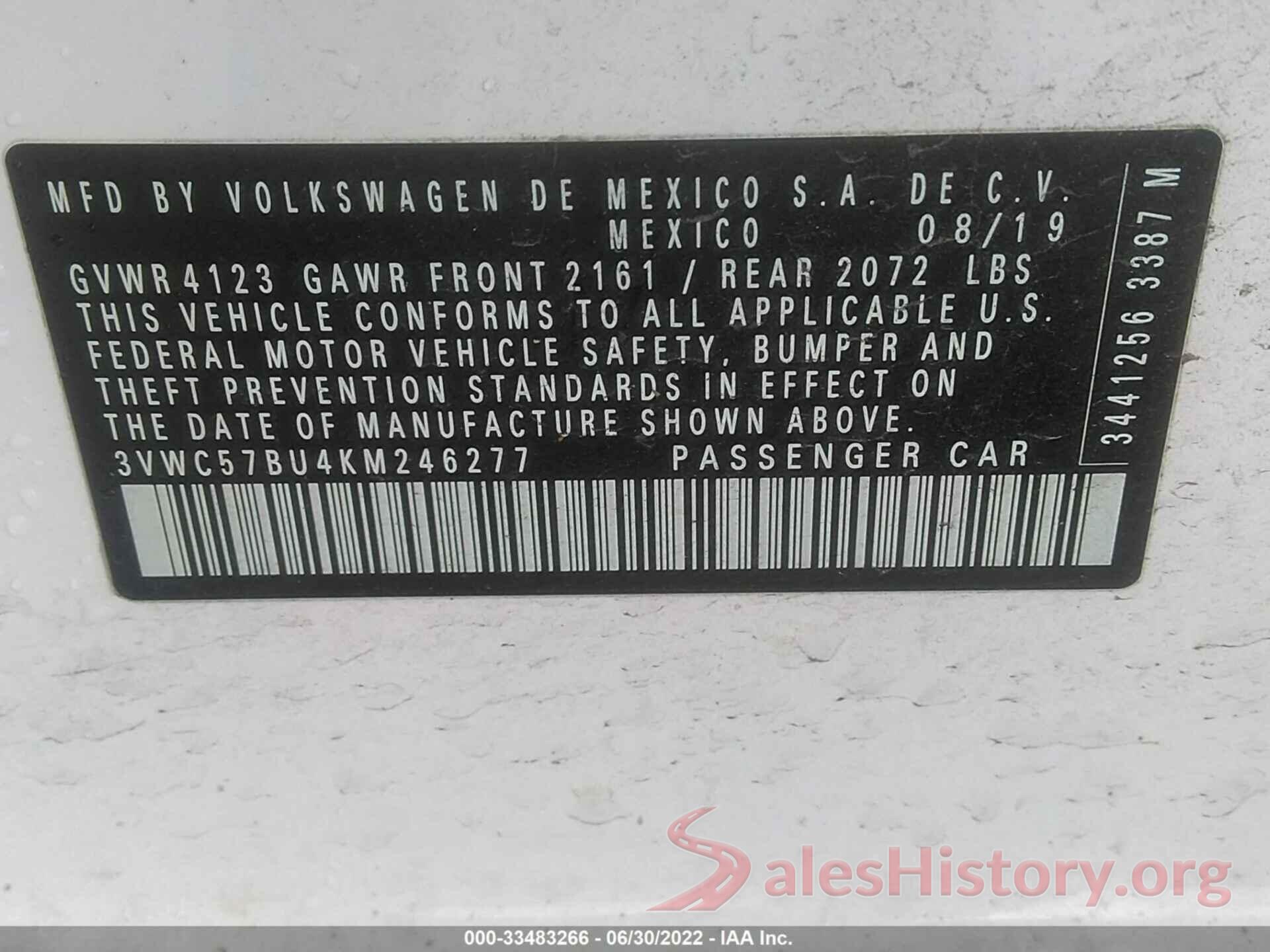 3VWC57BU4KM246277 2019 VOLKSWAGEN JETTA