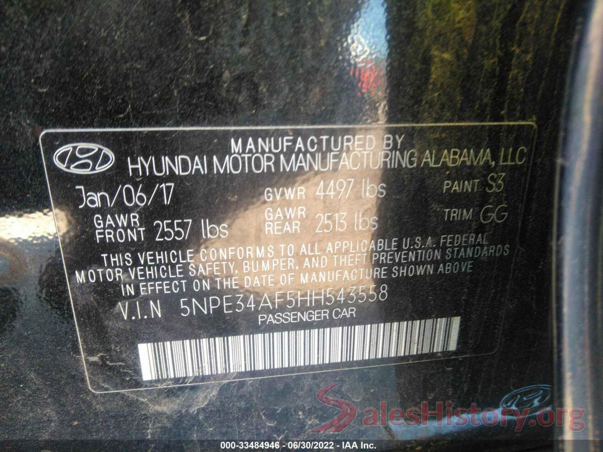 5NPE34AF5HH543558 2017 HYUNDAI SONATA