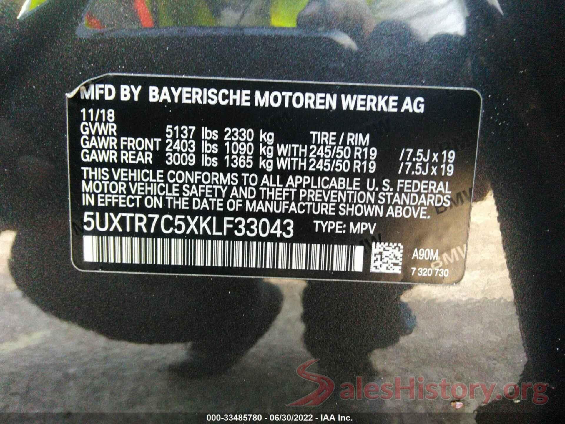 5UXTR7C5XKLF33043 2019 BMW X3