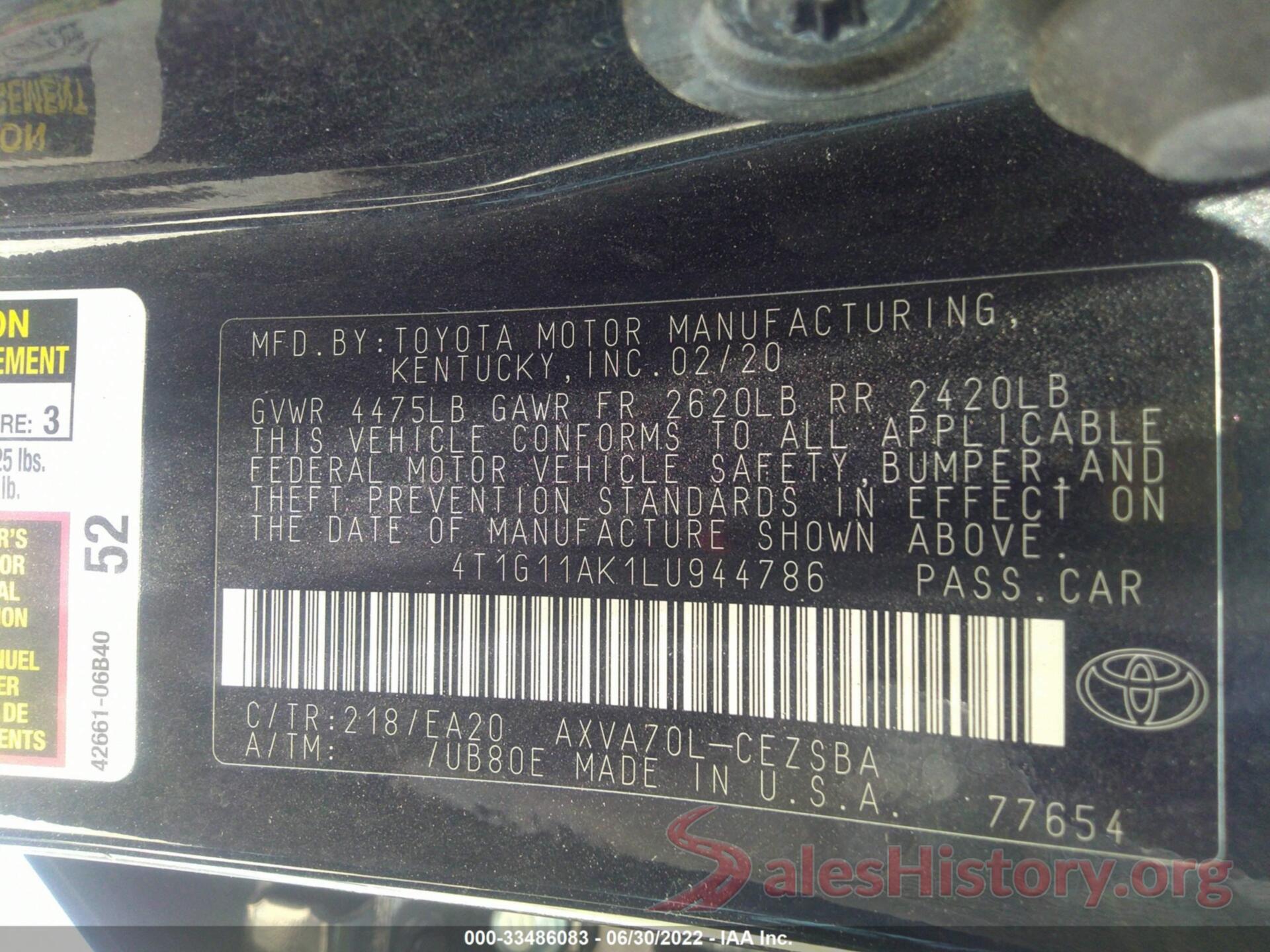 4T1G11AK1LU944786 2020 TOYOTA CAMRY