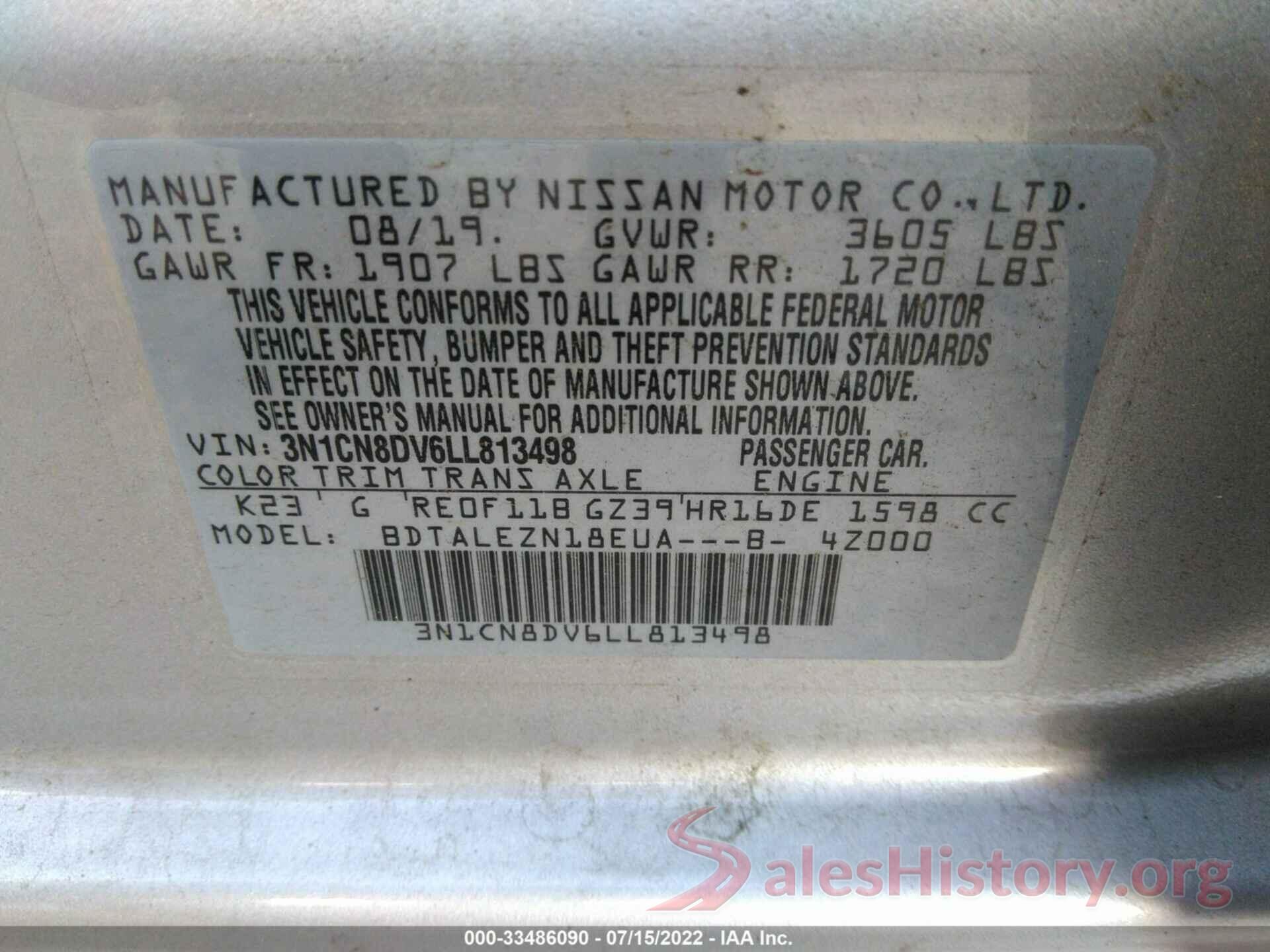 3N1CN8DV6LL813498 2020 NISSAN VERSA