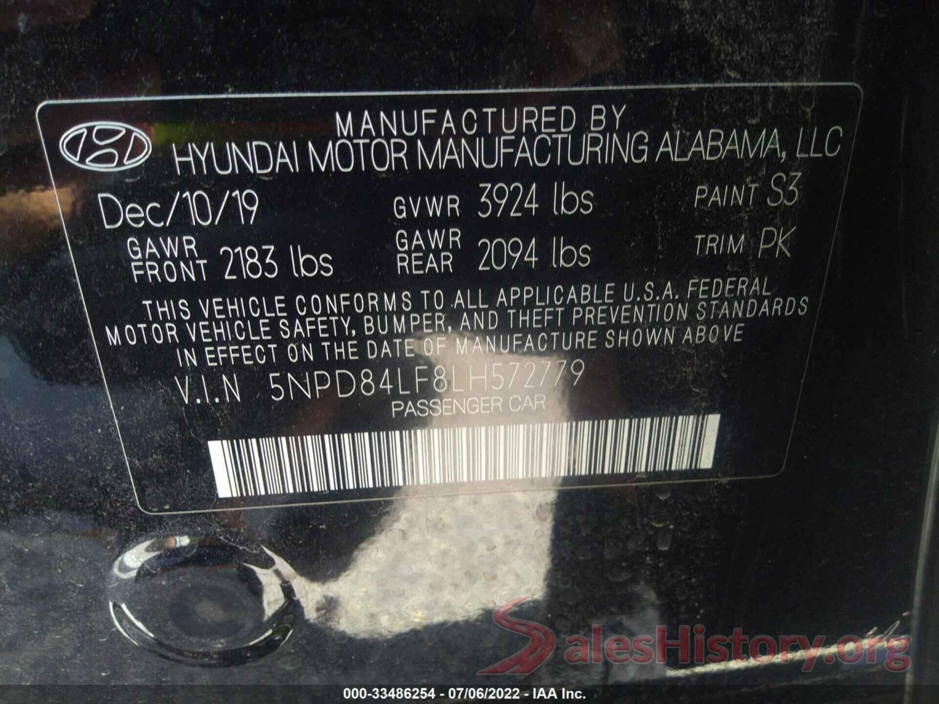 5NPD84LF8LH572779 2020 HYUNDAI ELANTRA