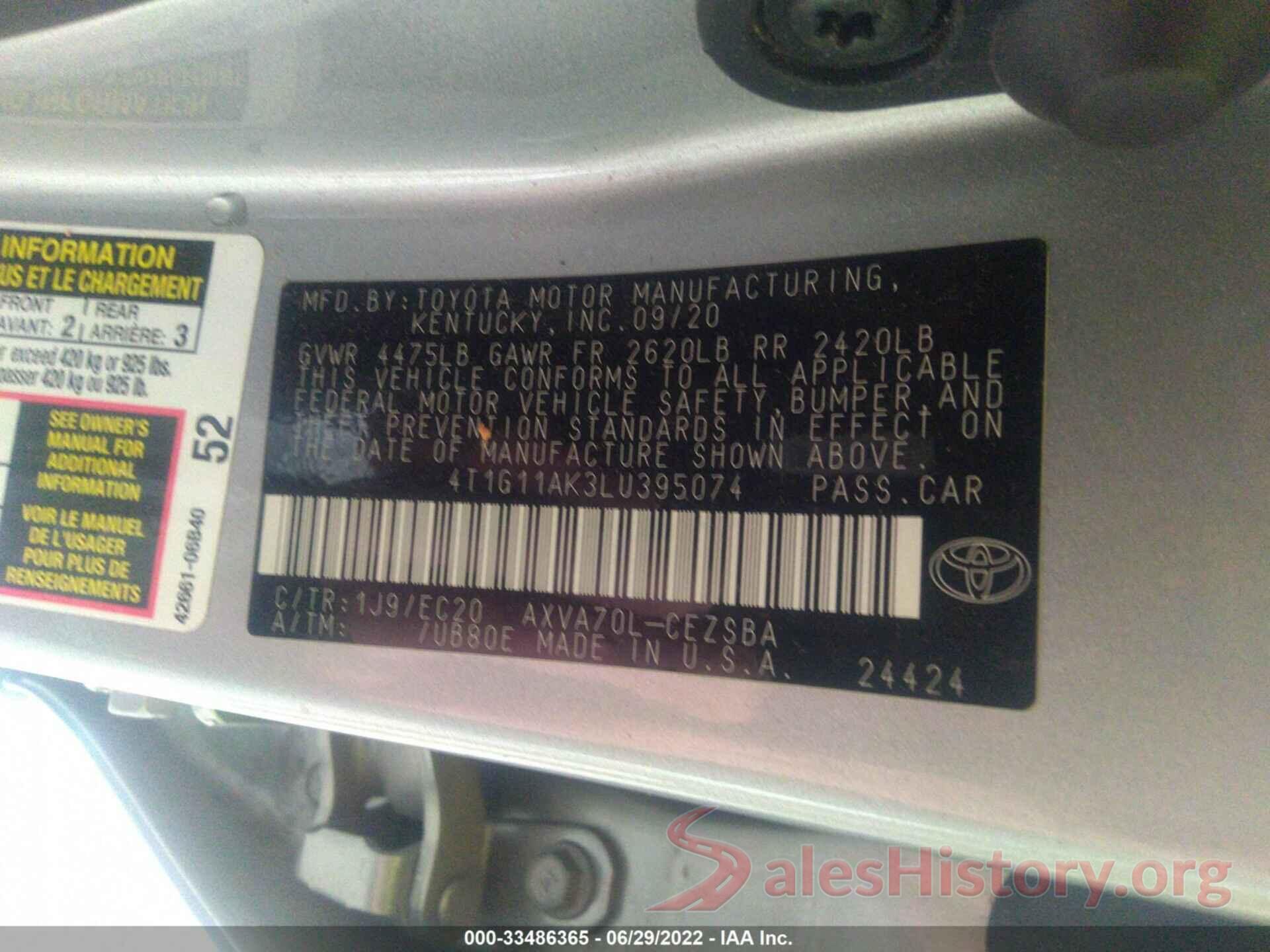 4T1G11AK3LU395074 2020 TOYOTA CAMRY