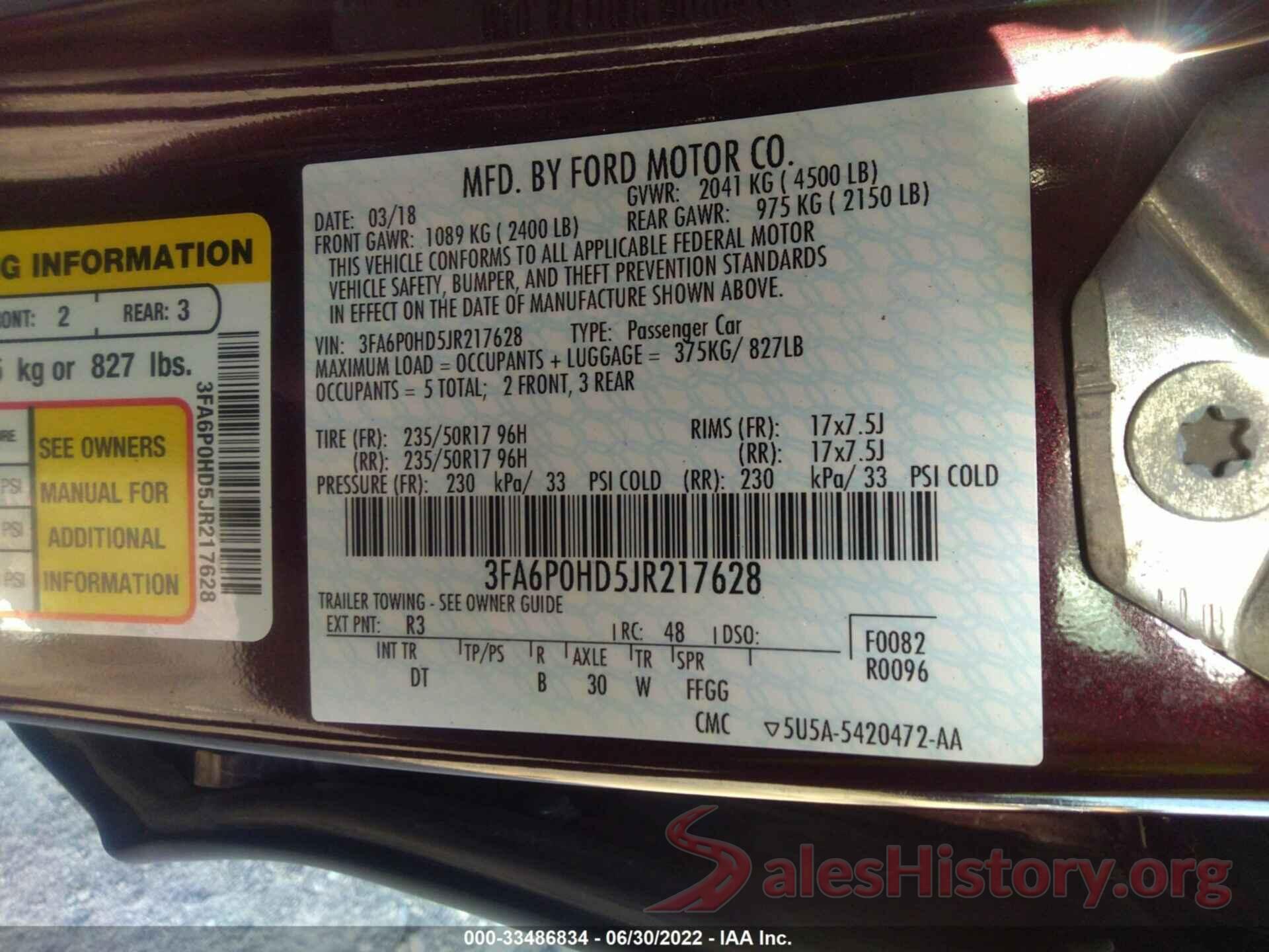 3FA6P0HD5JR217628 2018 FORD FUSION