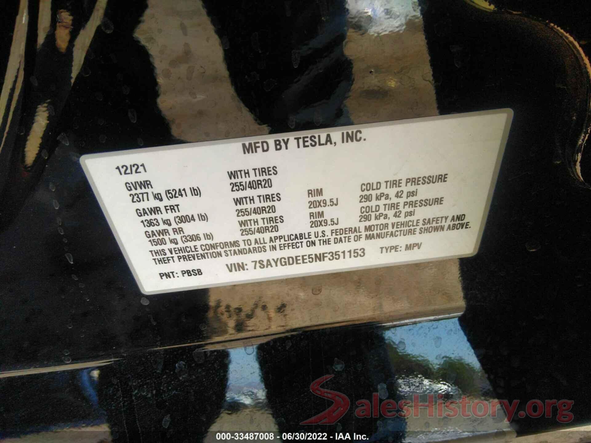 7SAYGDEE5NF351153 2022 TESLA MODEL Y