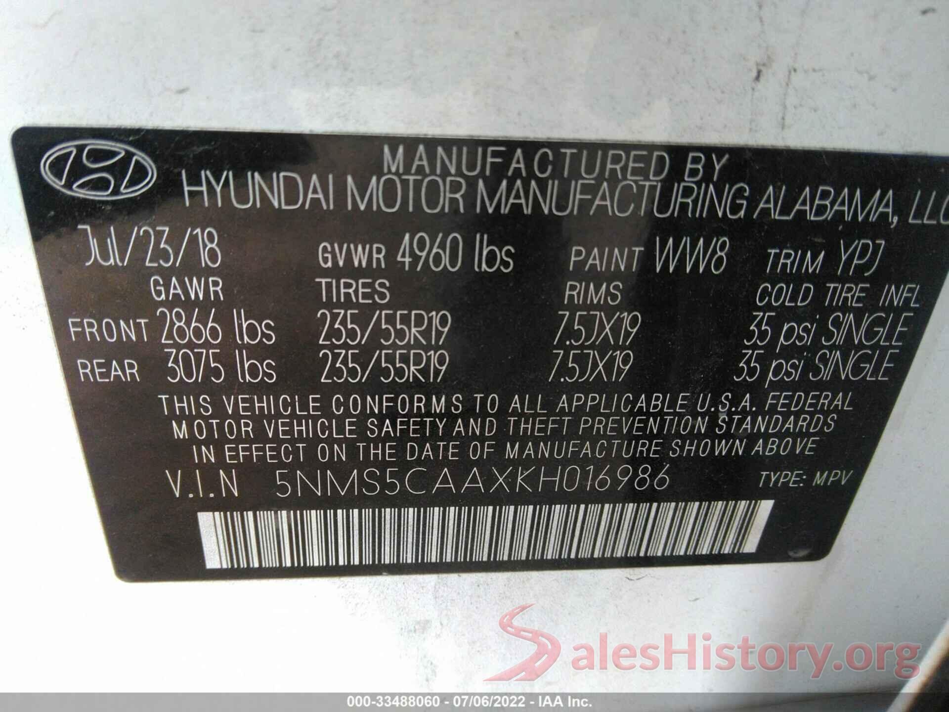 5NMS5CAAXKH016986 2019 HYUNDAI SANTA FE