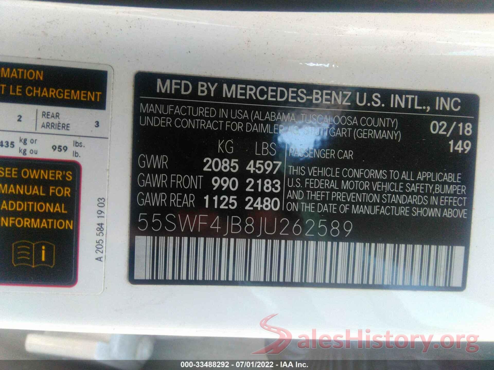 55SWF4JB8JU262589 2018 MERCEDES-BENZ C-CLASS