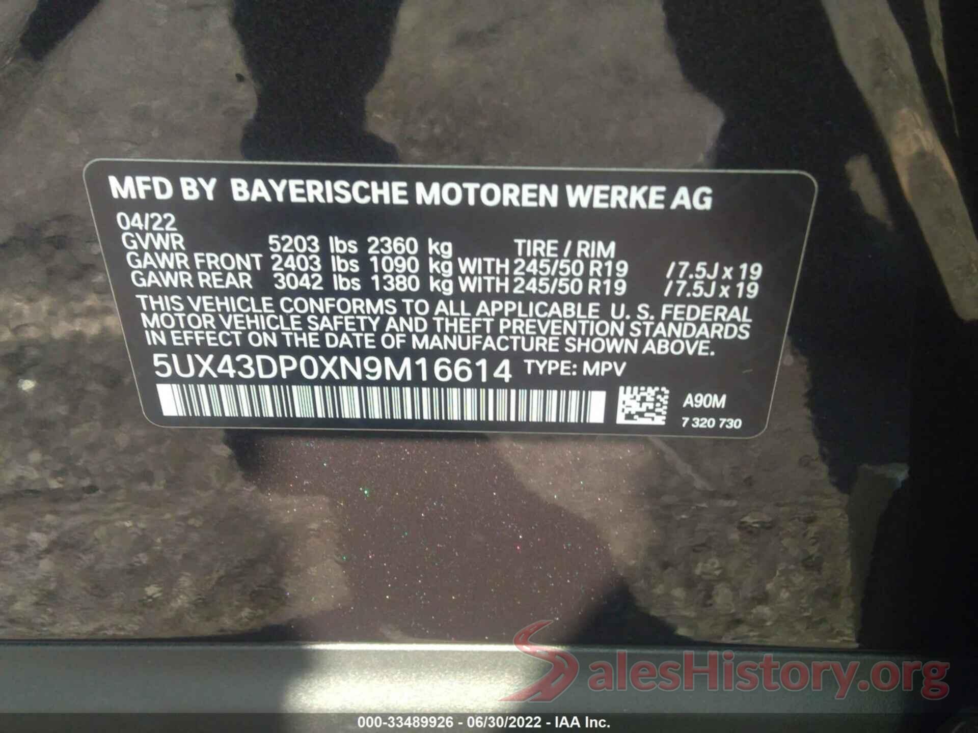 5UX43DP0XN9M16614 2022 BMW X3