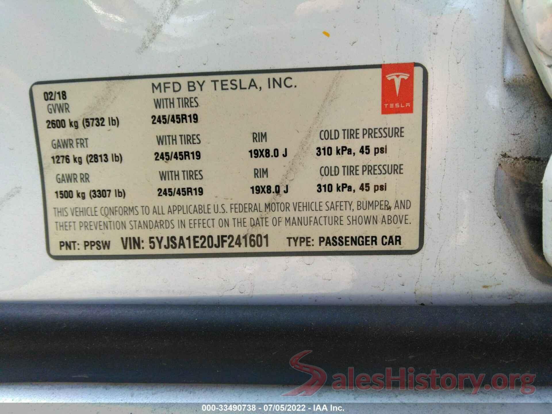 5YJSA1E20JF241601 2018 TESLA MODEL S