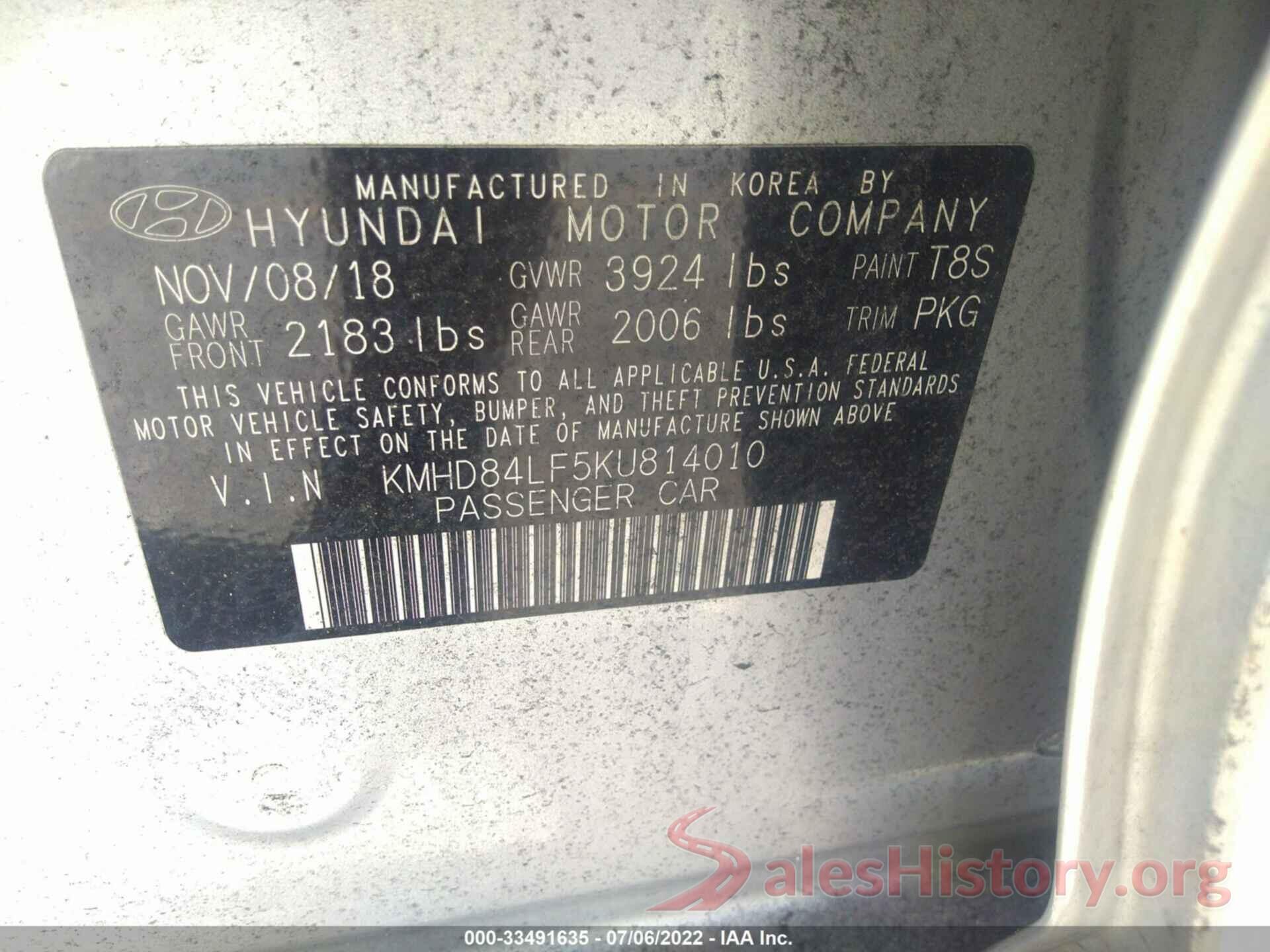 KMHD84LF5KU814010 2019 HYUNDAI ELANTRA