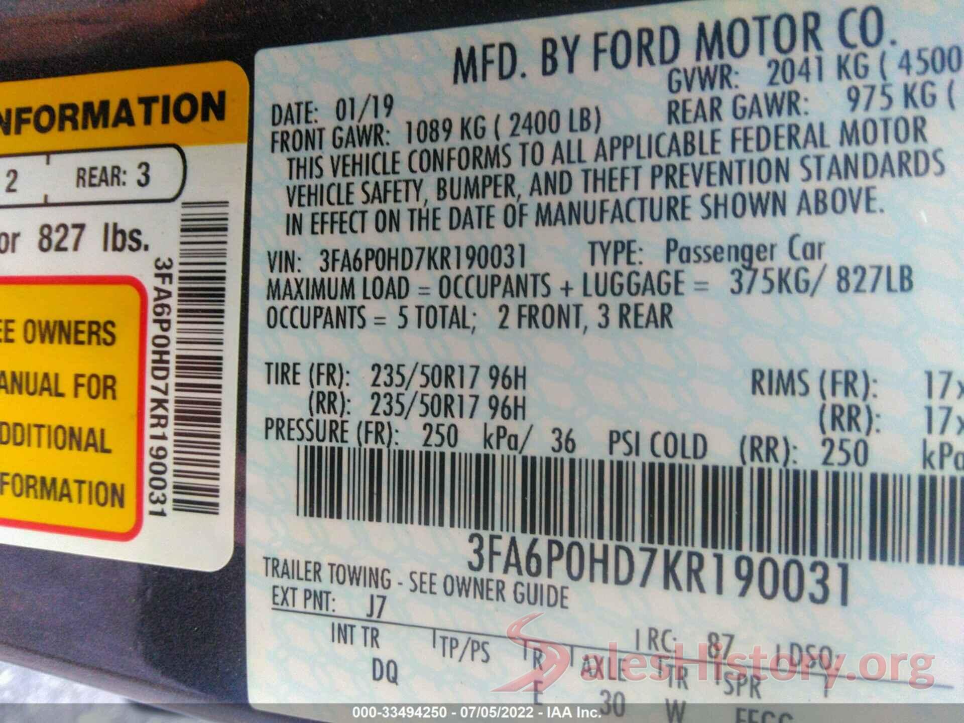 3FA6P0HD7KR190031 2019 FORD FUSION