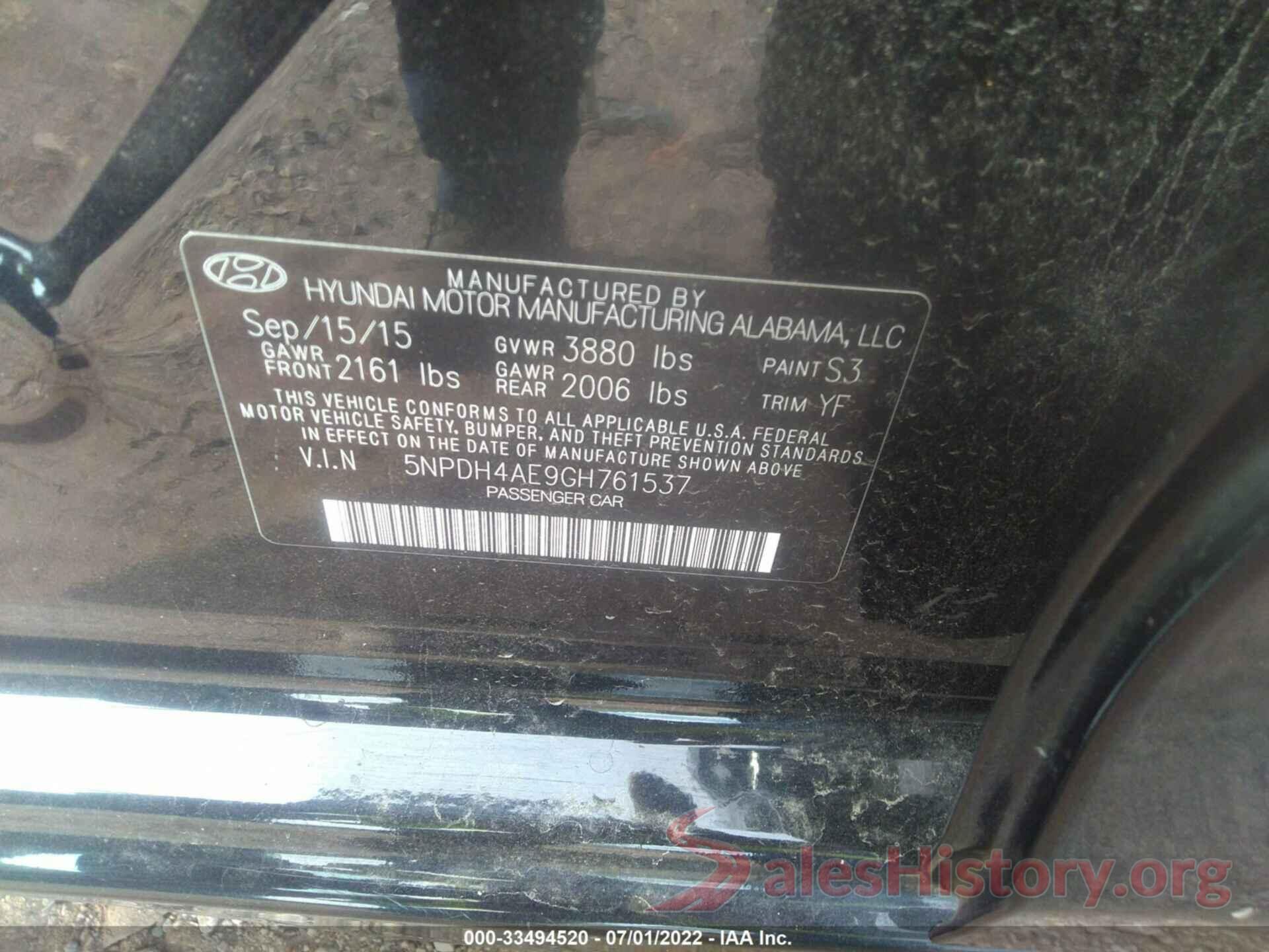 5NPDH4AE9GH761537 2016 HYUNDAI ELANTRA