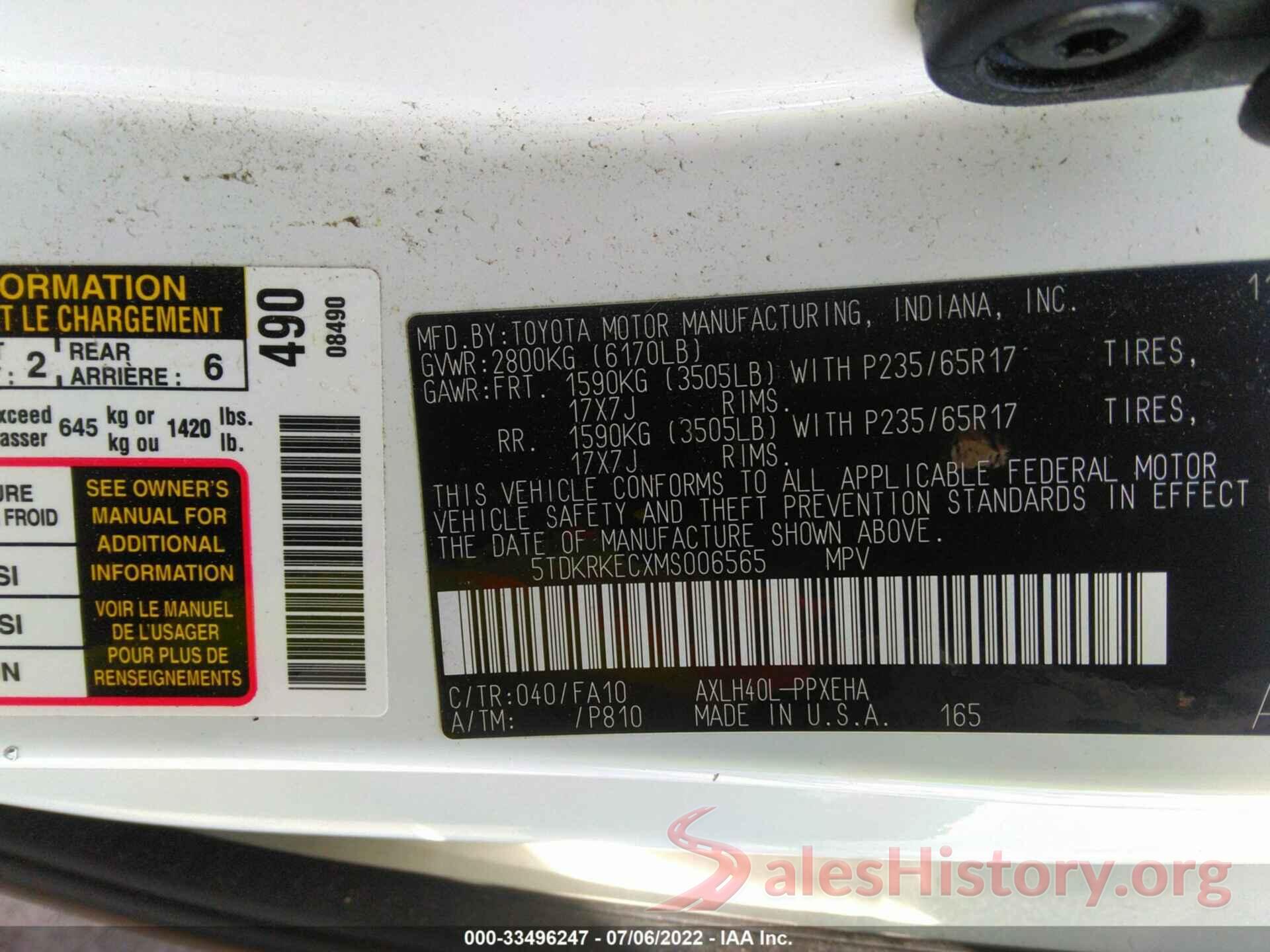 5TDKRKECXMS006565 2021 TOYOTA SIENNA