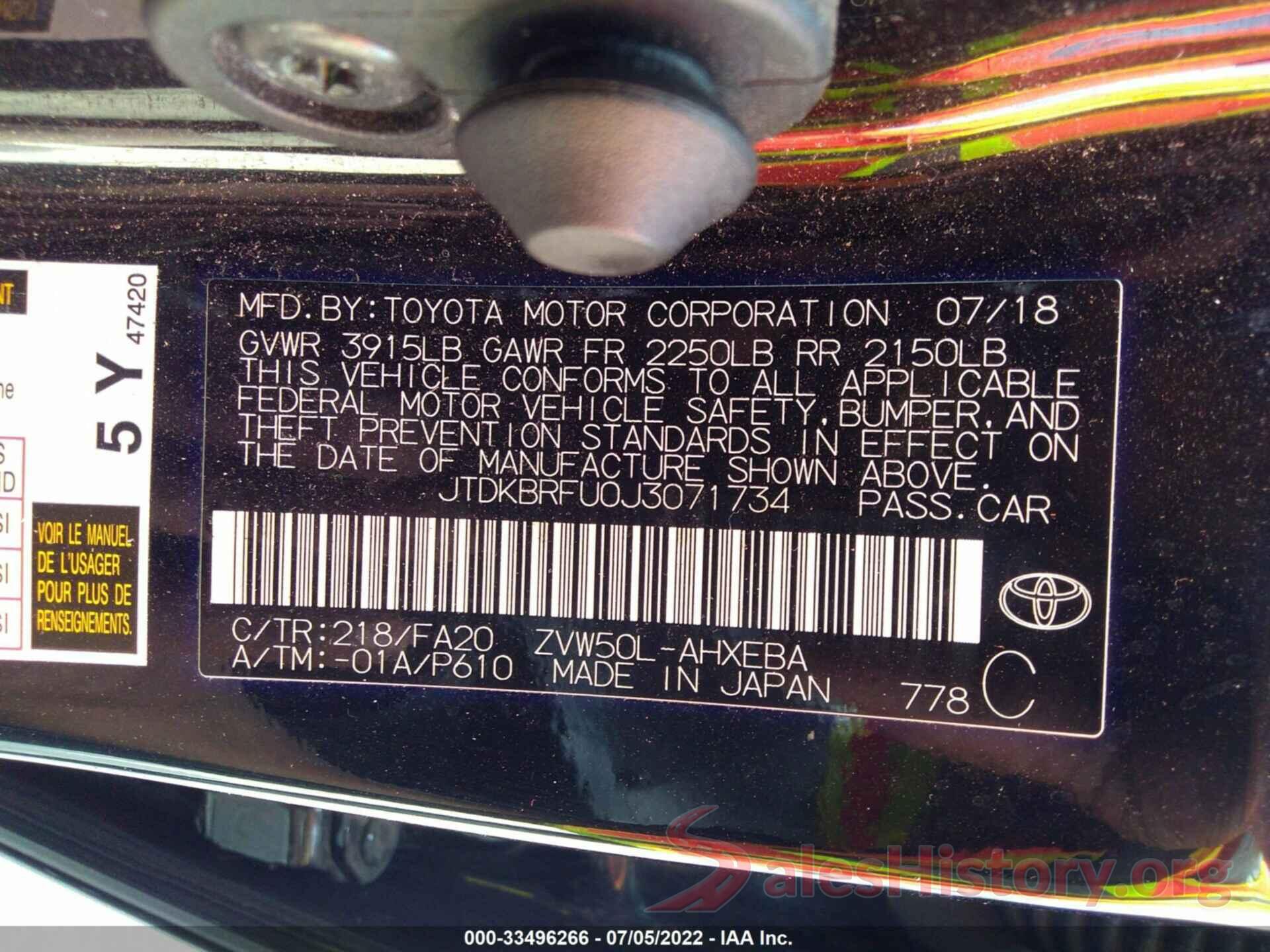 JTDKBRFU0J3071734 2018 TOYOTA PRIUS