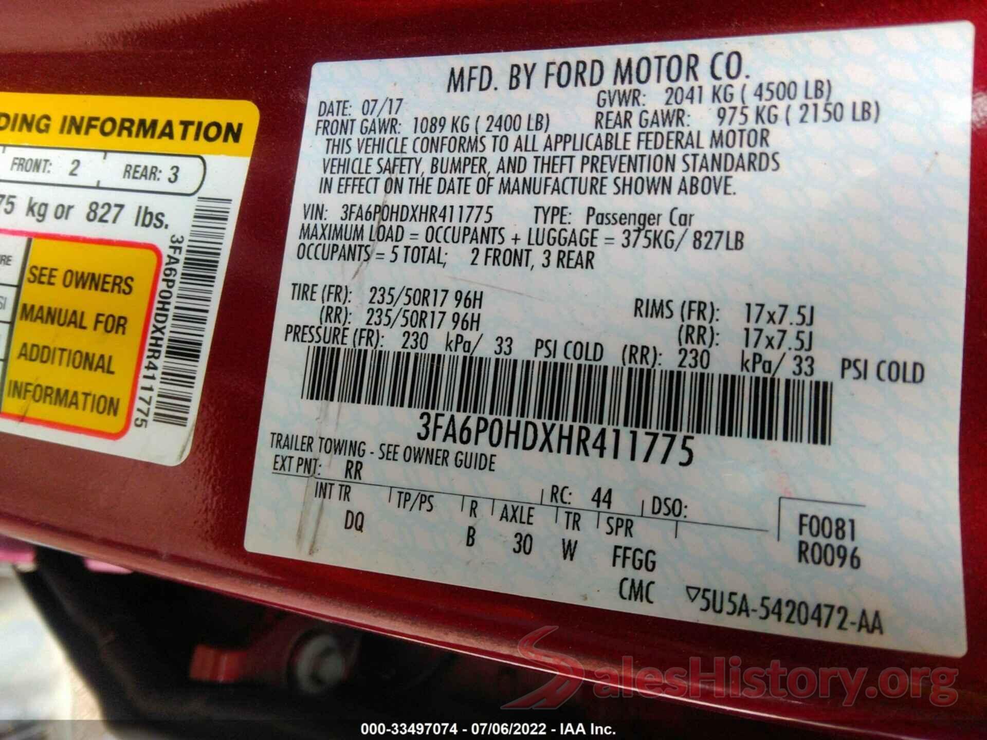 3FA6P0HDXHR411775 2017 FORD FUSION