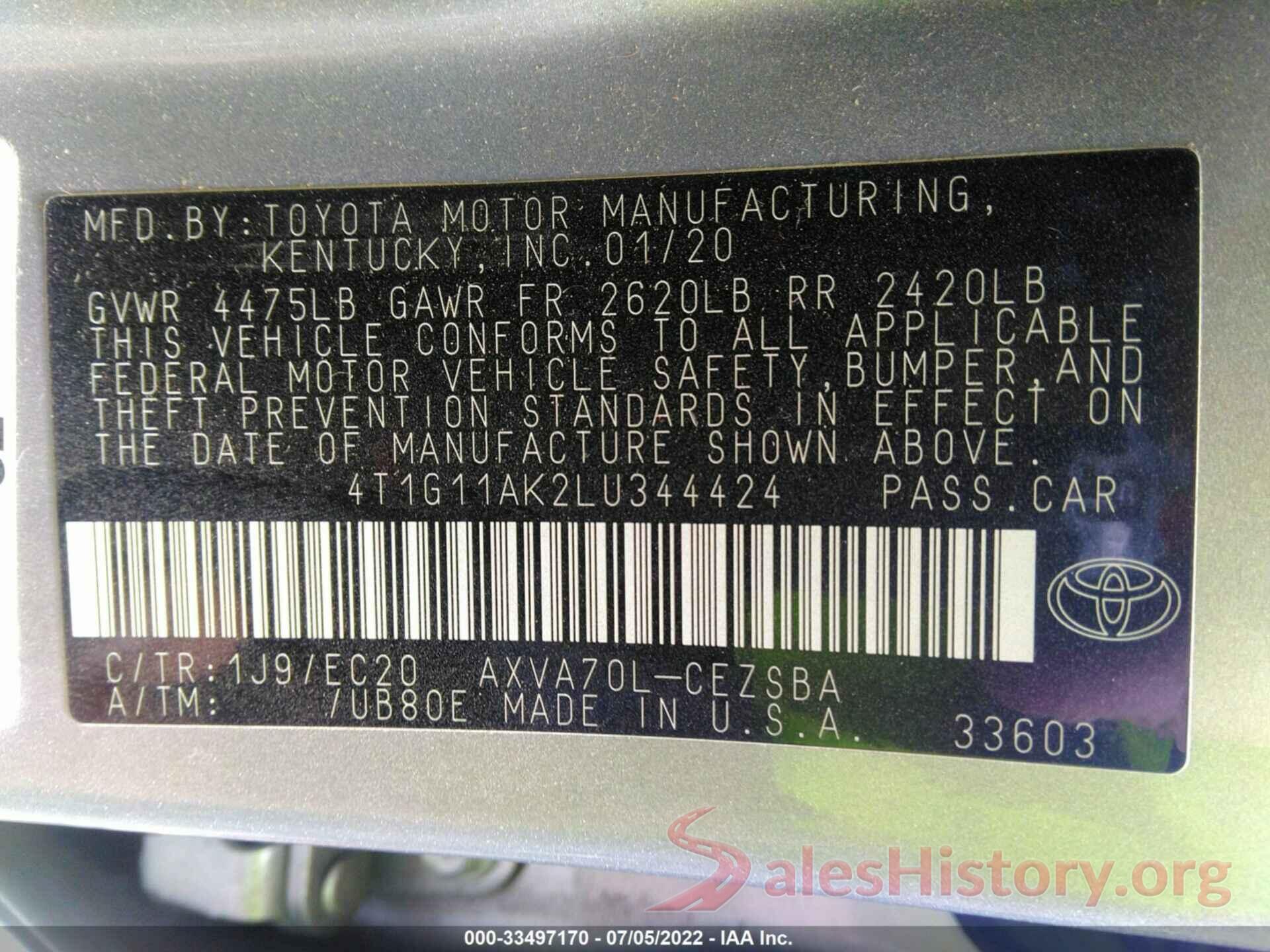 4T1G11AK2LU344424 2020 TOYOTA CAMRY