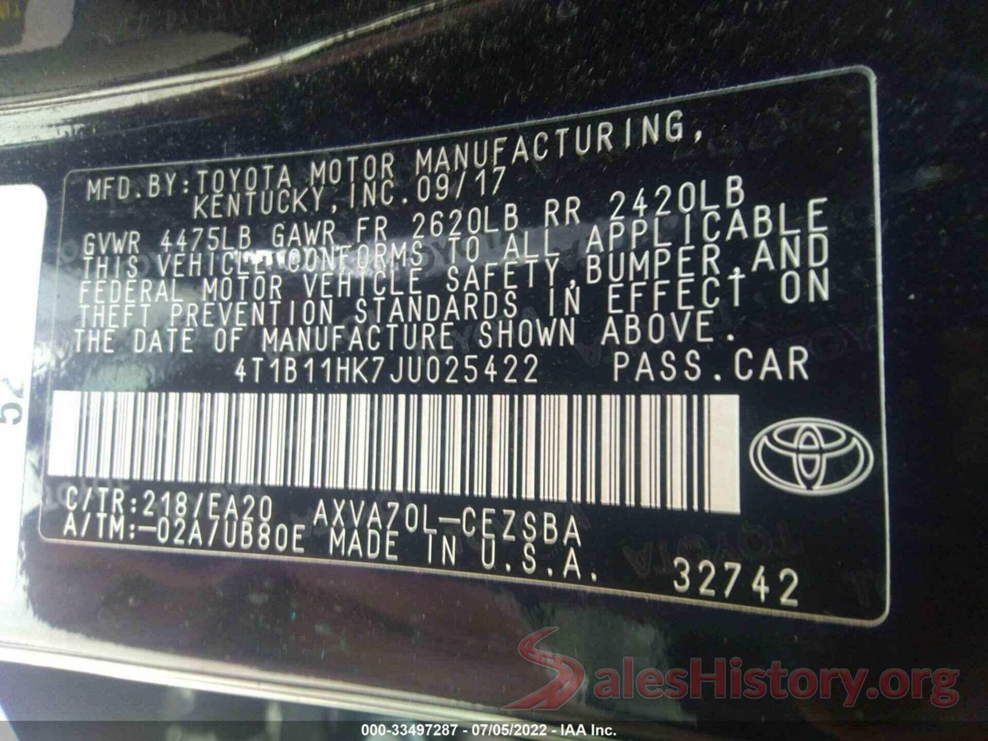 4T1B11HK7JU025422 2018 TOYOTA CAMRY