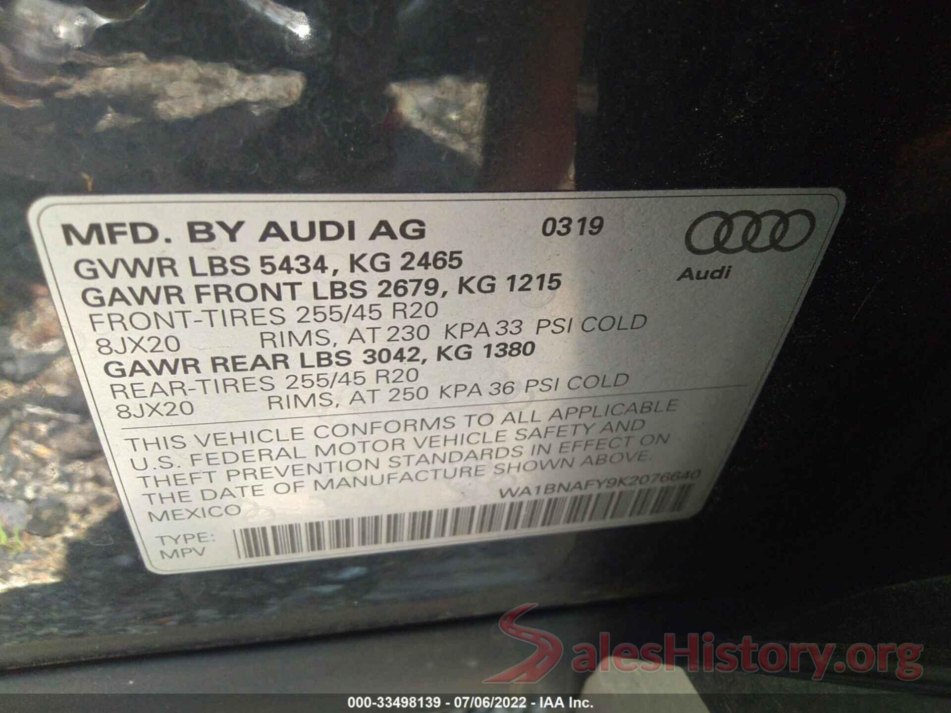 WA1BNAFY9K2076640 2019 AUDI Q5