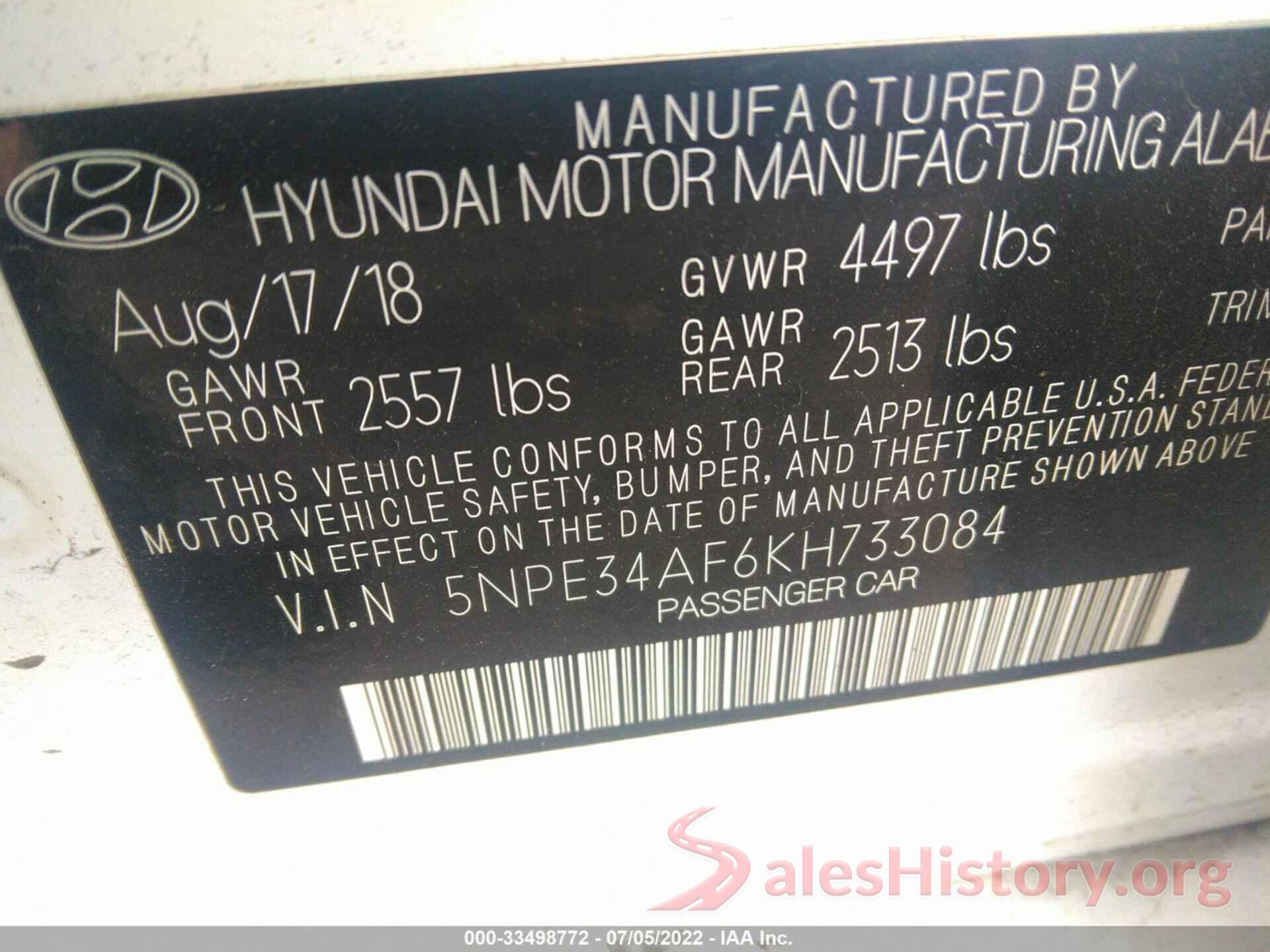 5NPE34AF6KH733084 2019 HYUNDAI SONATA