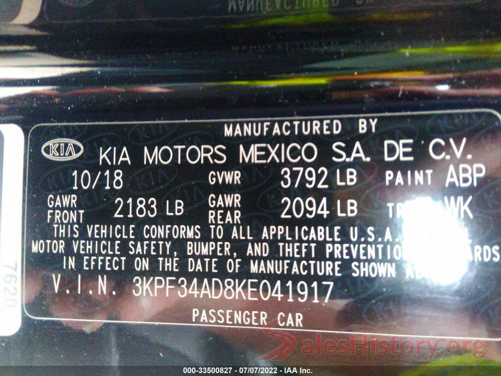 3KPF34AD8KE041917 2019 KIA FORTE