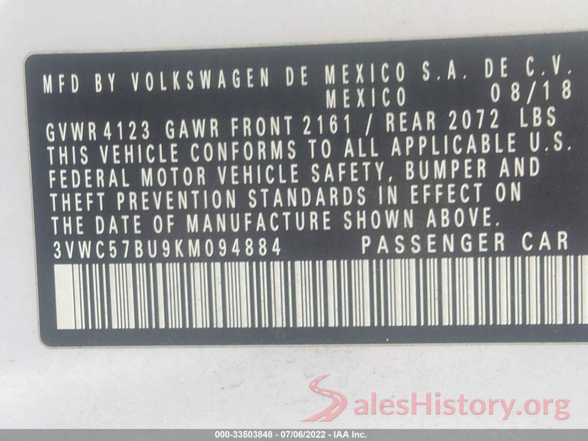 3VWC57BU9KM094884 2019 VOLKSWAGEN JETTA