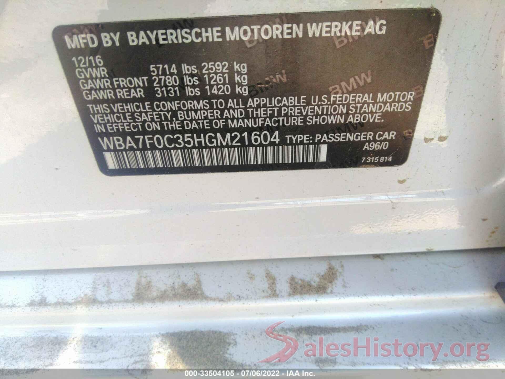 WBA7F0C35HGM21604 2017 BMW 7 SERIES