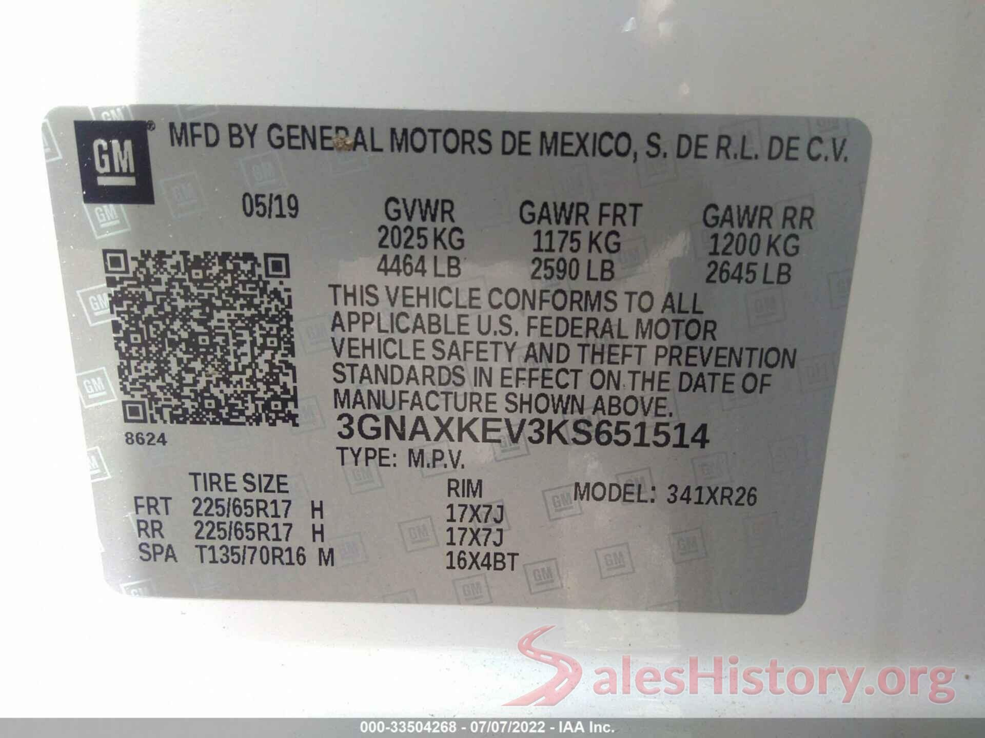 3GNAXKEV3KS651514 2019 CHEVROLET EQUINOX