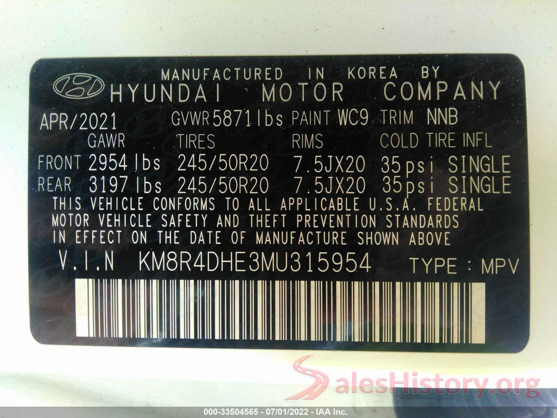 KM8R4DHE3MU315954 2021 HYUNDAI PALISADE