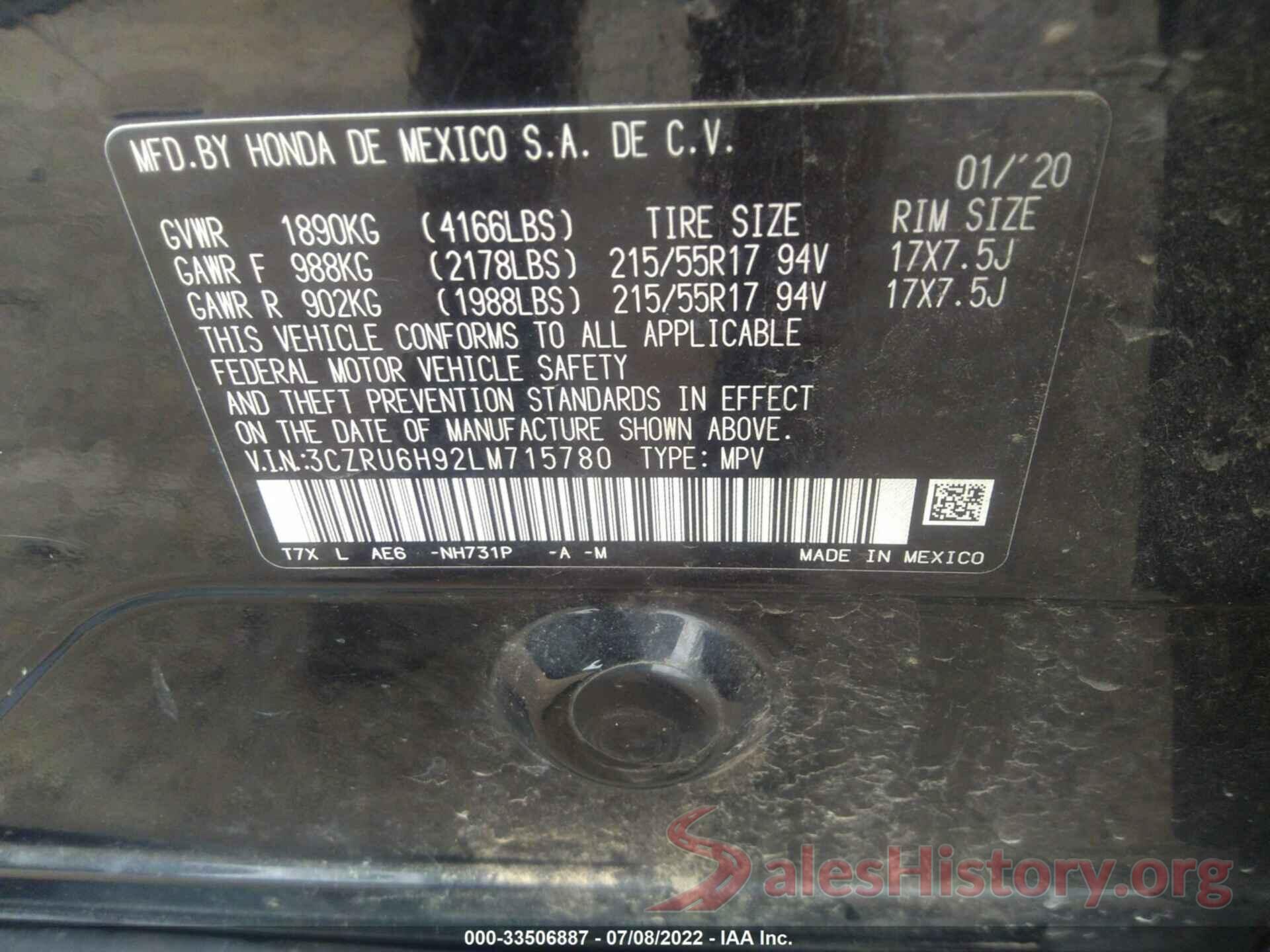 3CZRU6H92LM715780 2020 HONDA HR-V