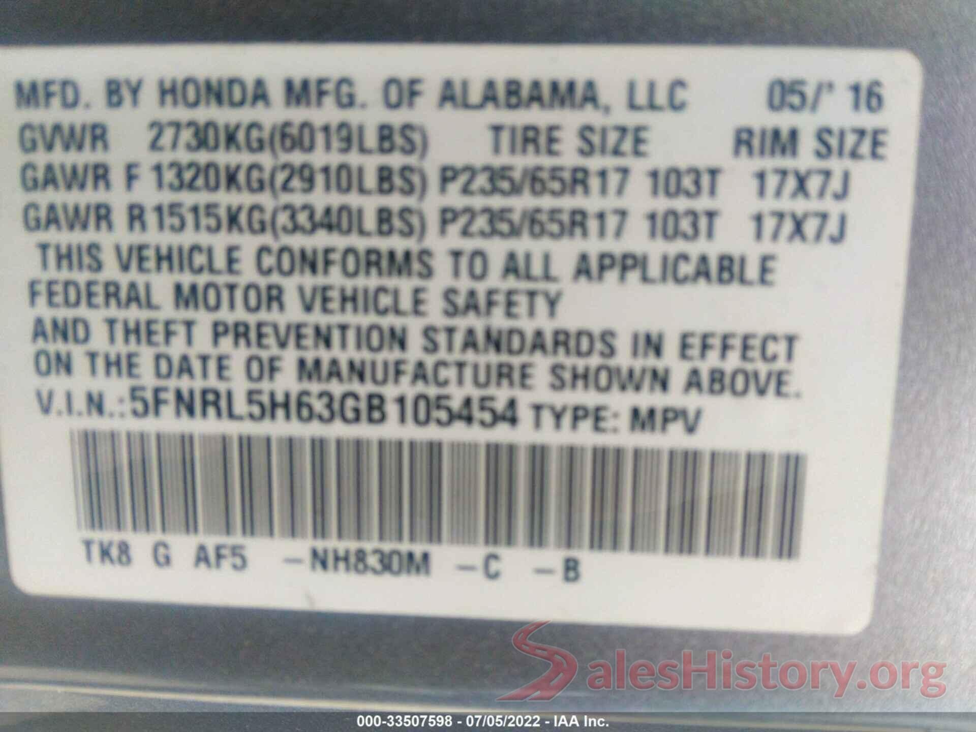 5FNRL5H63GB105454 2016 HONDA ODYSSEY