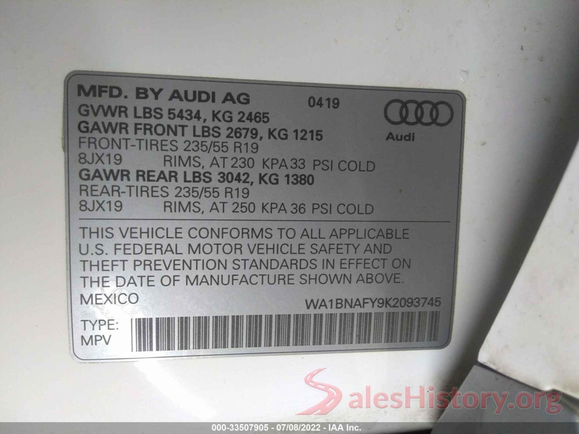 WA1BNAFY9K2093745 2019 AUDI Q5