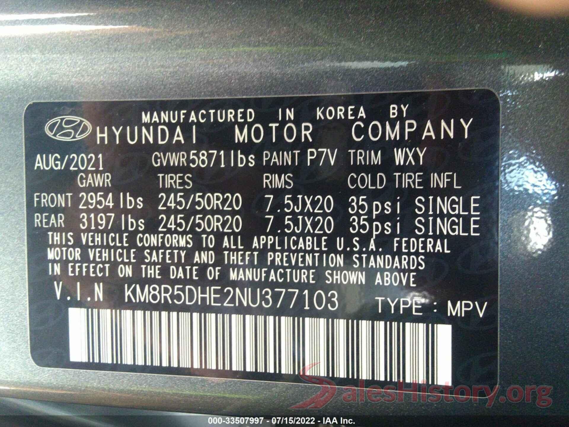 KM8R5DHE2NU377103 2022 HYUNDAI PALISADE