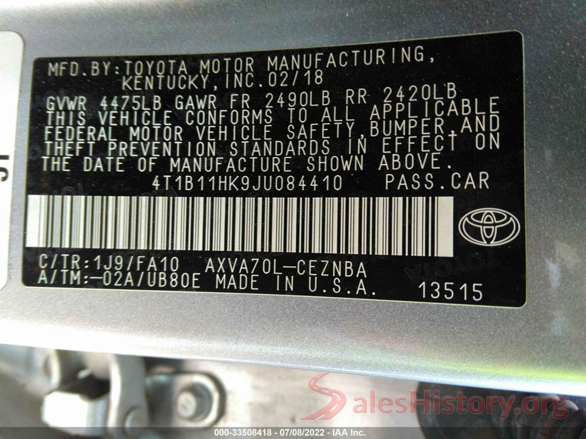 4T1B11HK9JU084410 2018 TOYOTA CAMRY