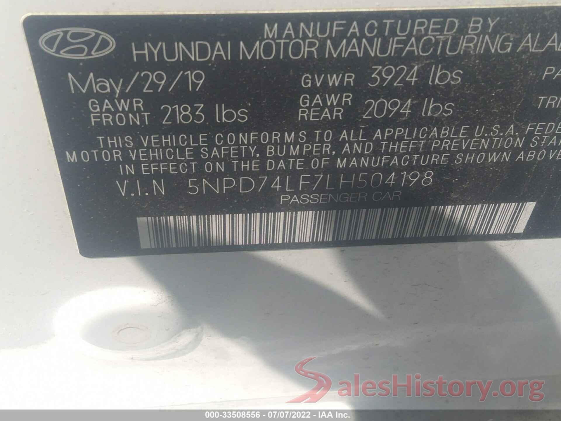 5NPD74LF7LH504198 2020 HYUNDAI ELANTRA