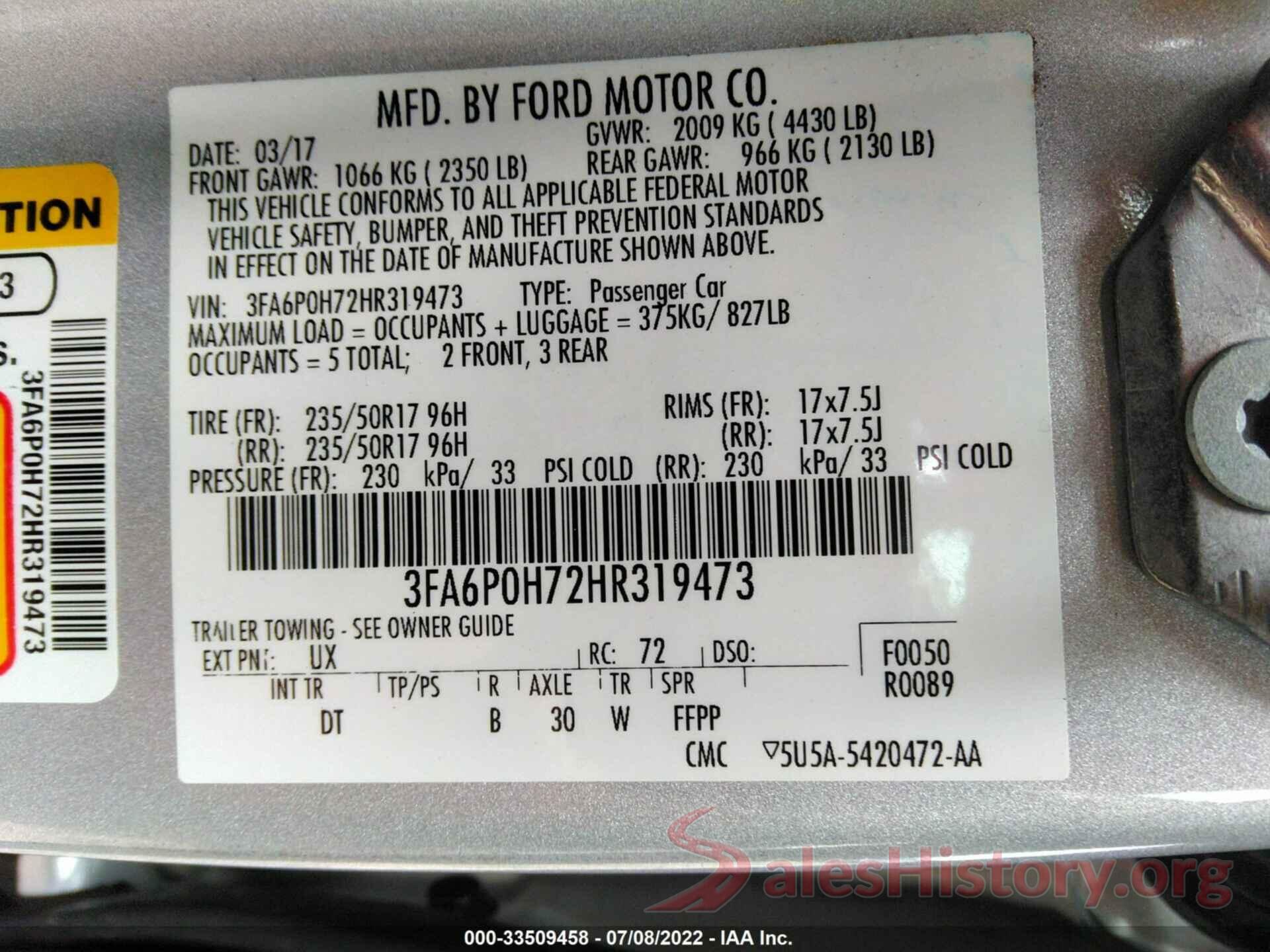 3FA6P0H72HR319473 2017 FORD FUSION