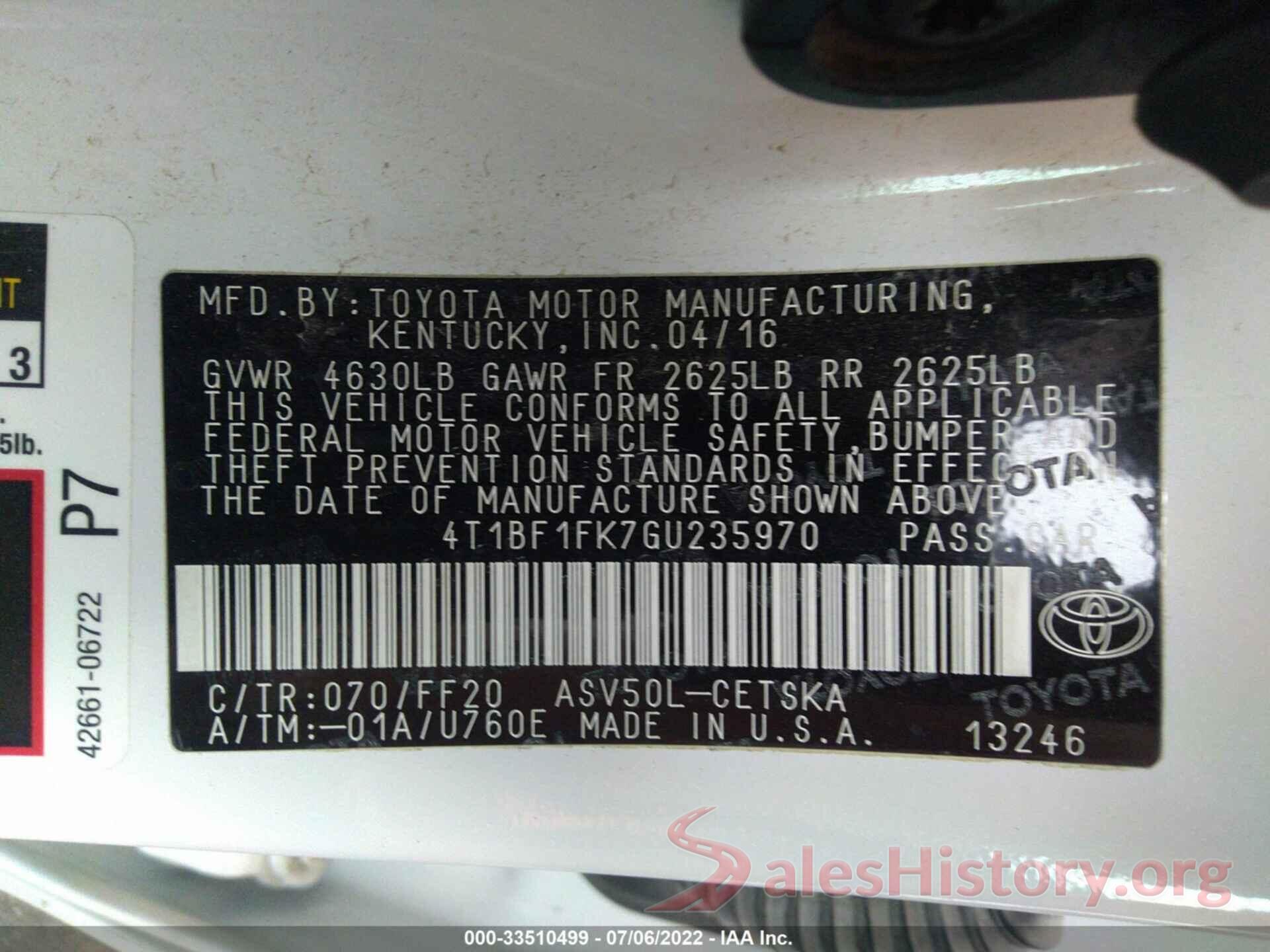 4T1BF1FK7GU235970 2016 TOYOTA CAMRY