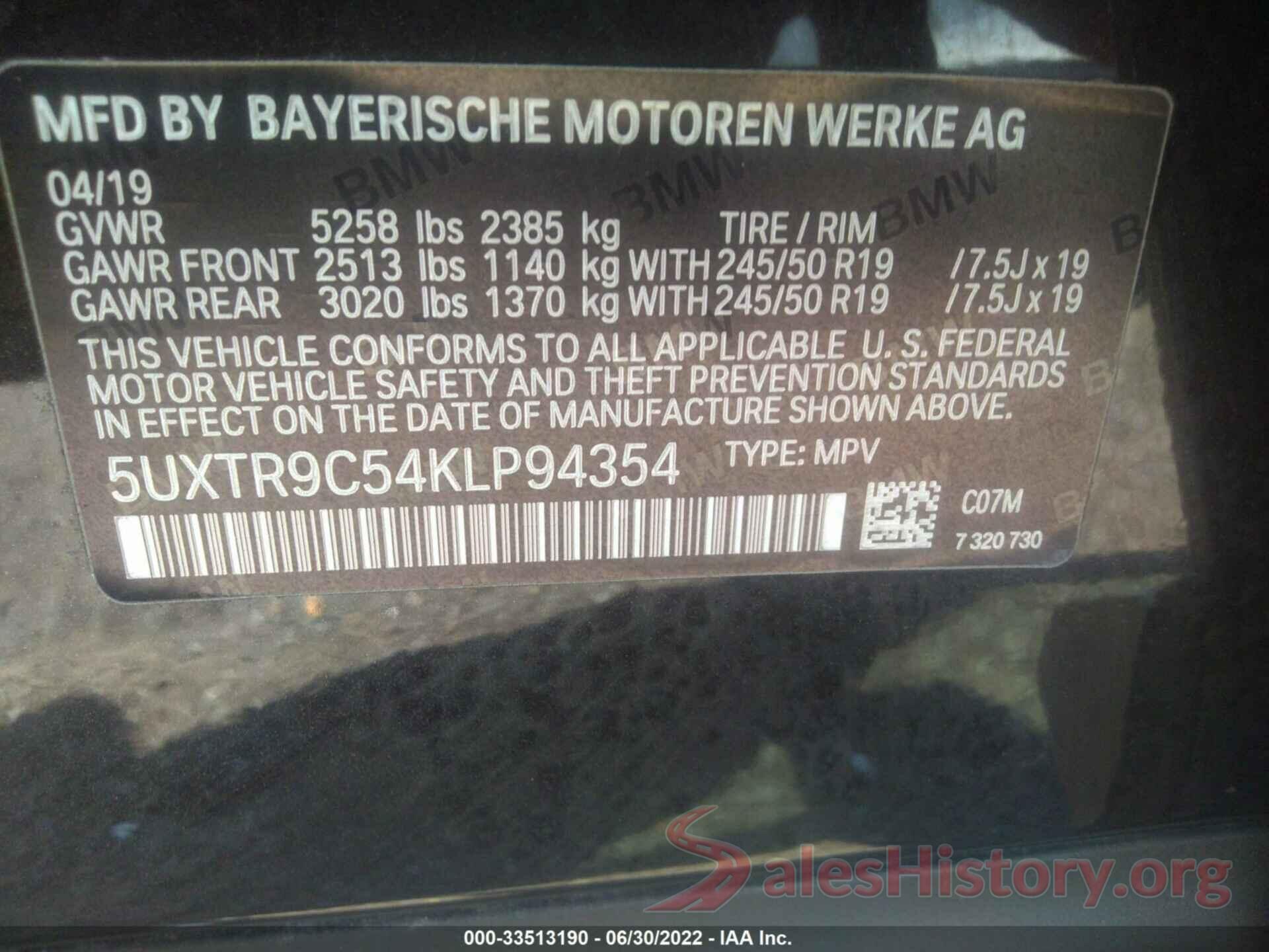 5UXTR9C54KLP94354 2019 BMW X3