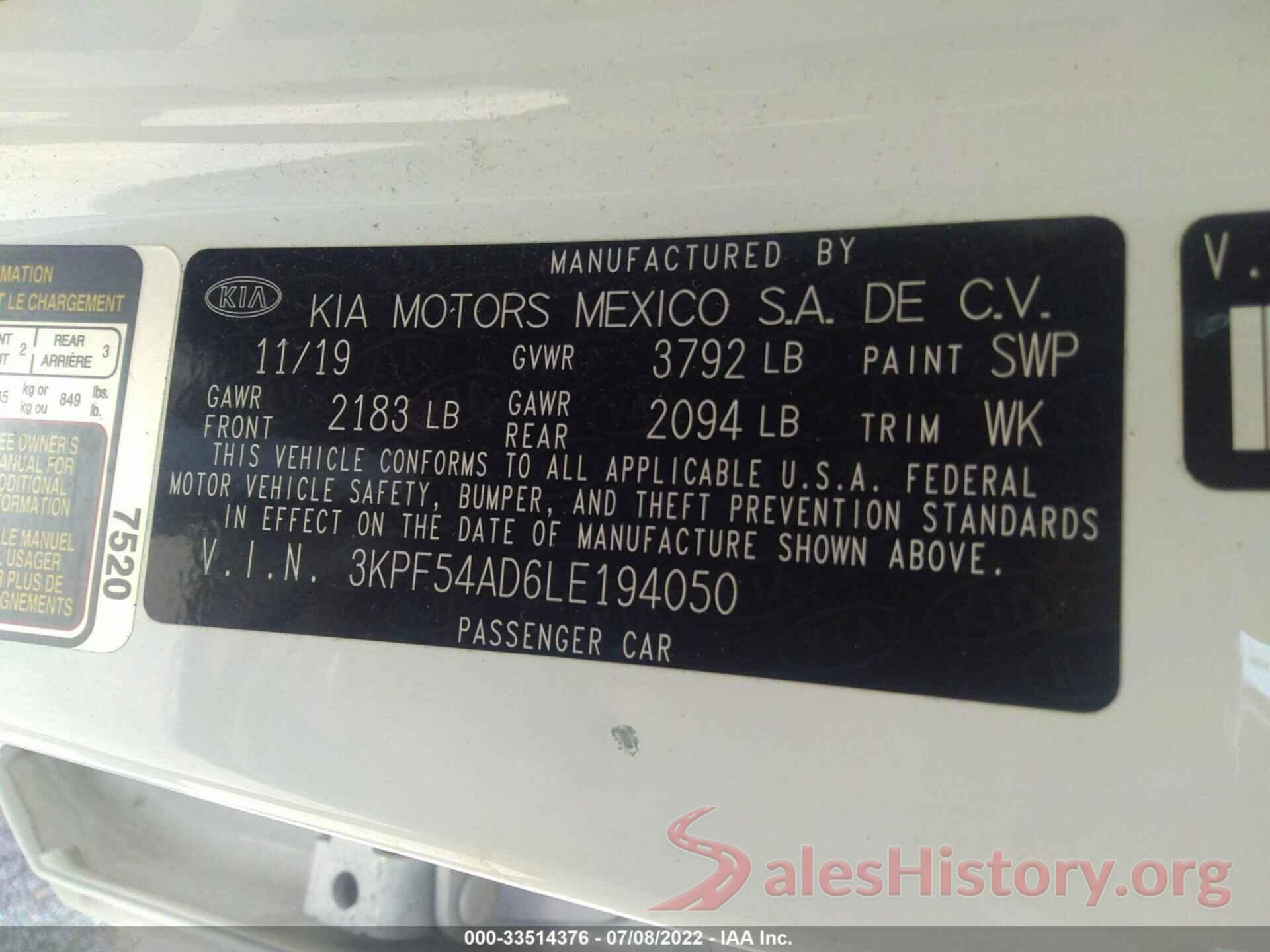 3KPF54AD6LE194050 2020 KIA FORTE