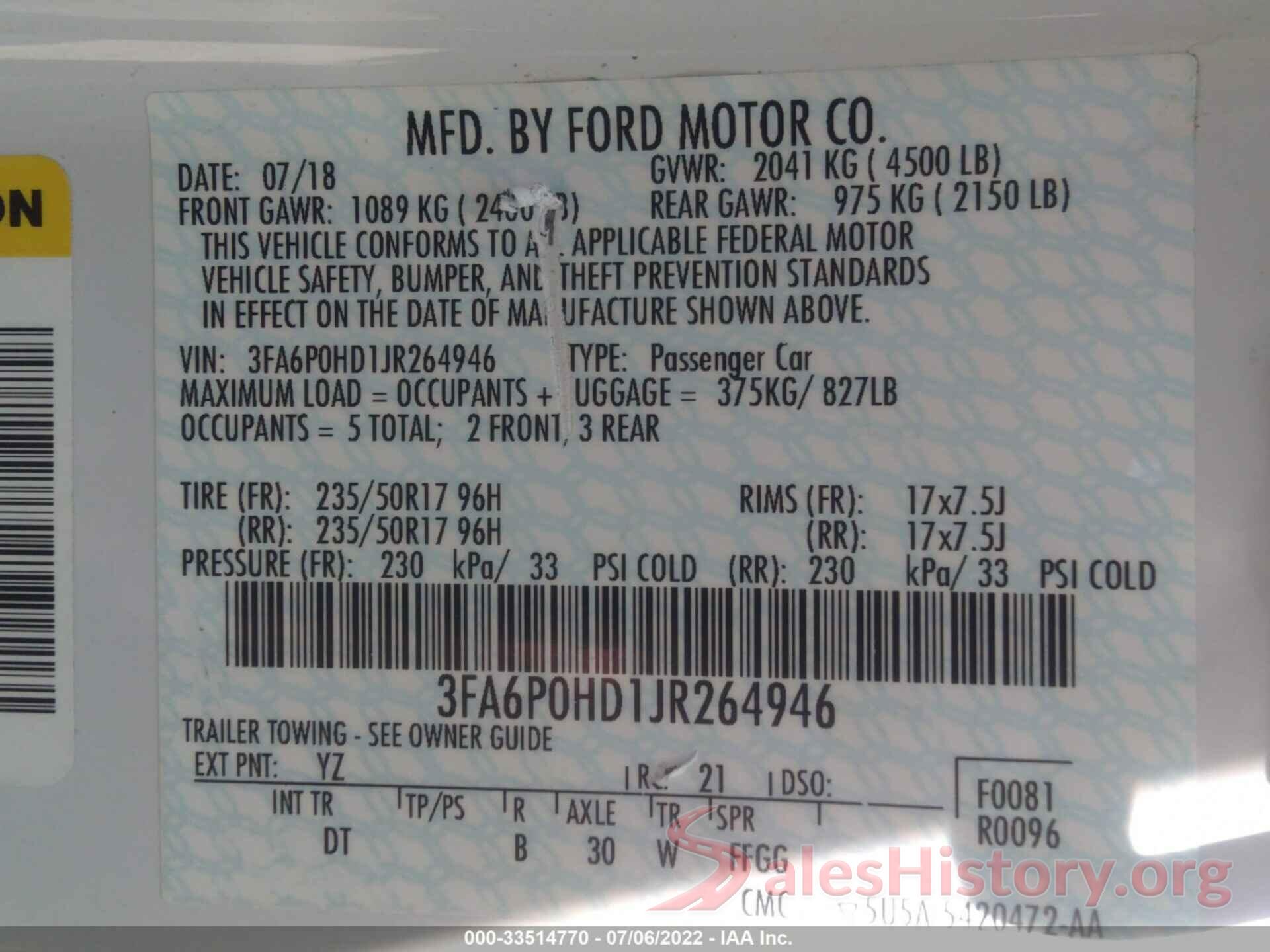 3FA6P0HD1JR264946 2018 FORD FUSION