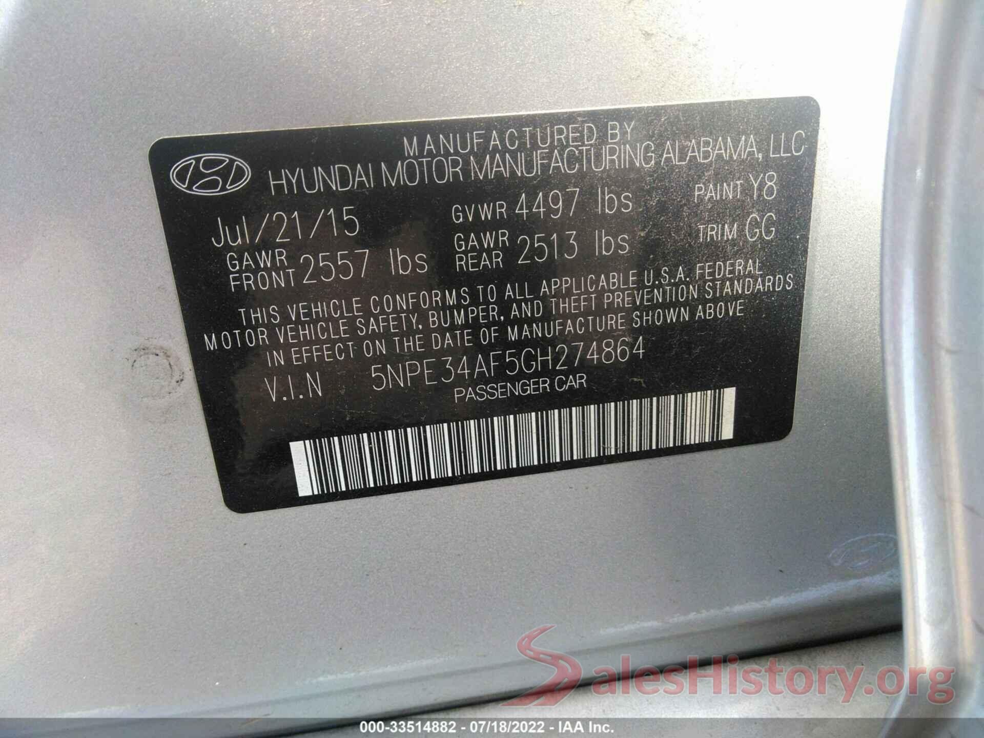 5NPE34AF5GH274864 2016 HYUNDAI SONATA